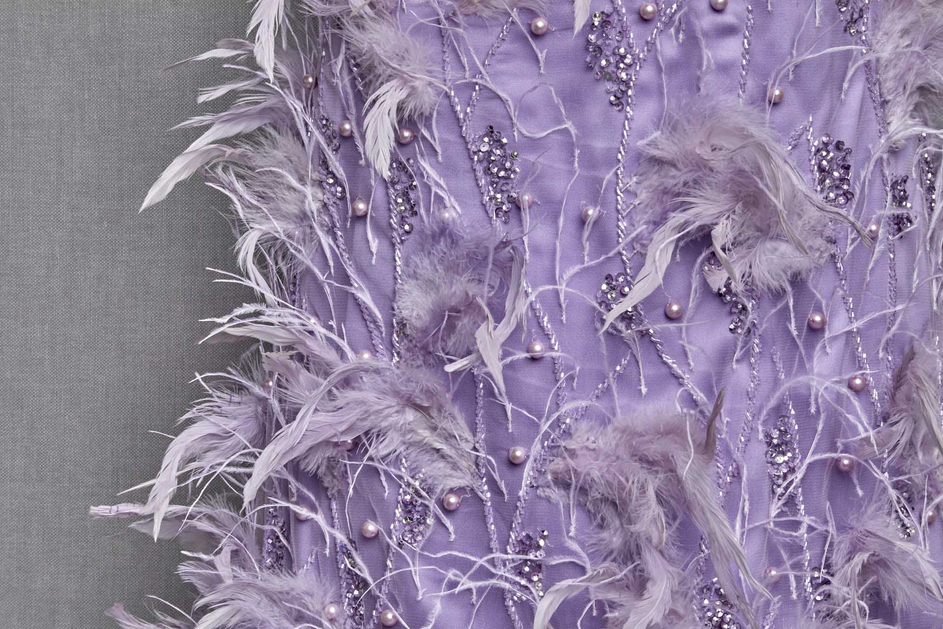 Beaded and Sequinned Tulle with Pearls and Feathers - Lilac fabric, image 3 of 6