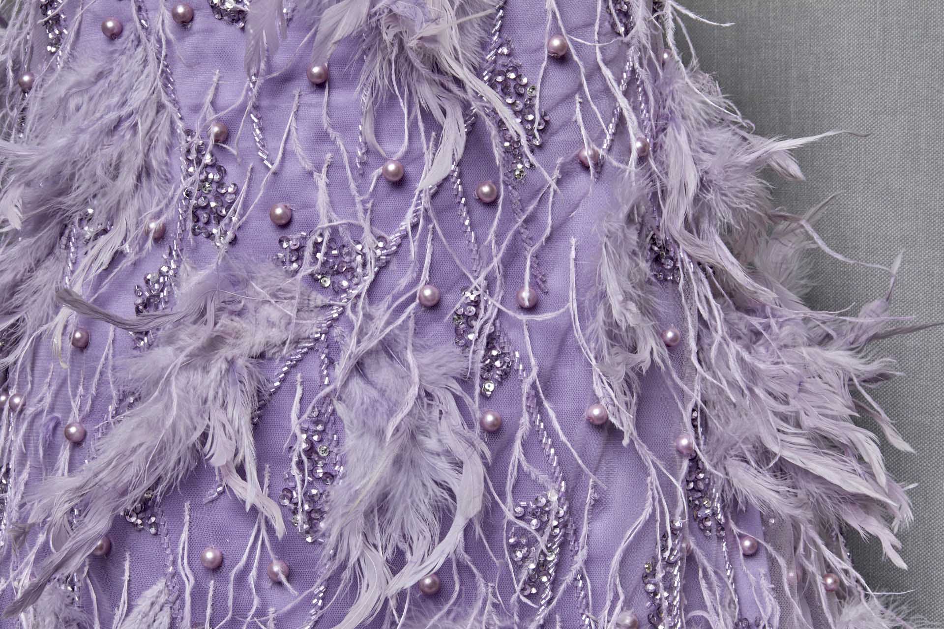Beaded and Sequinned Tulle with Pearls and Feathers - Lilac fabric