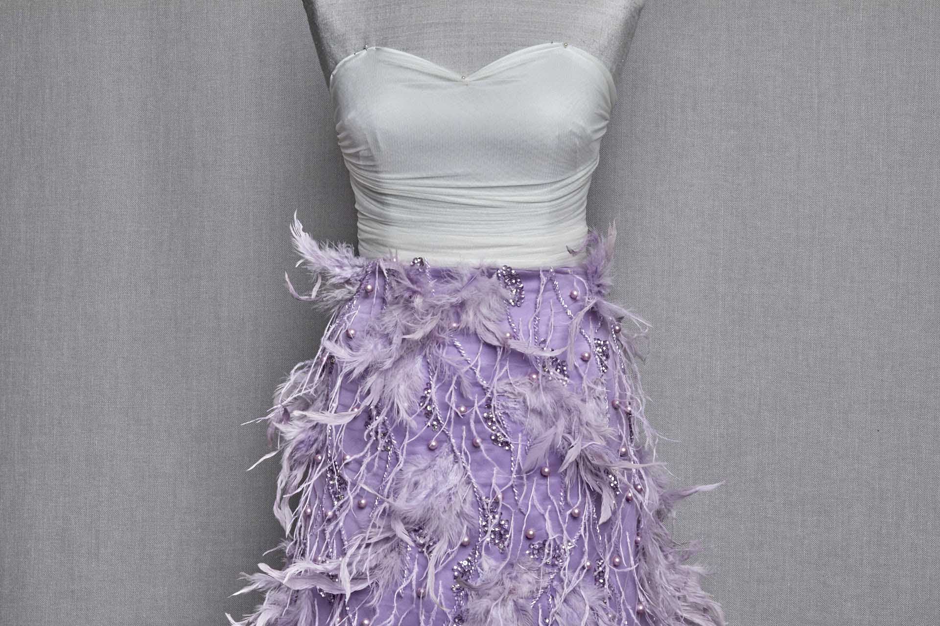 Beaded and Sequinned Tulle with Pearls and Feathers - Lilac fabric, image 4 of 6