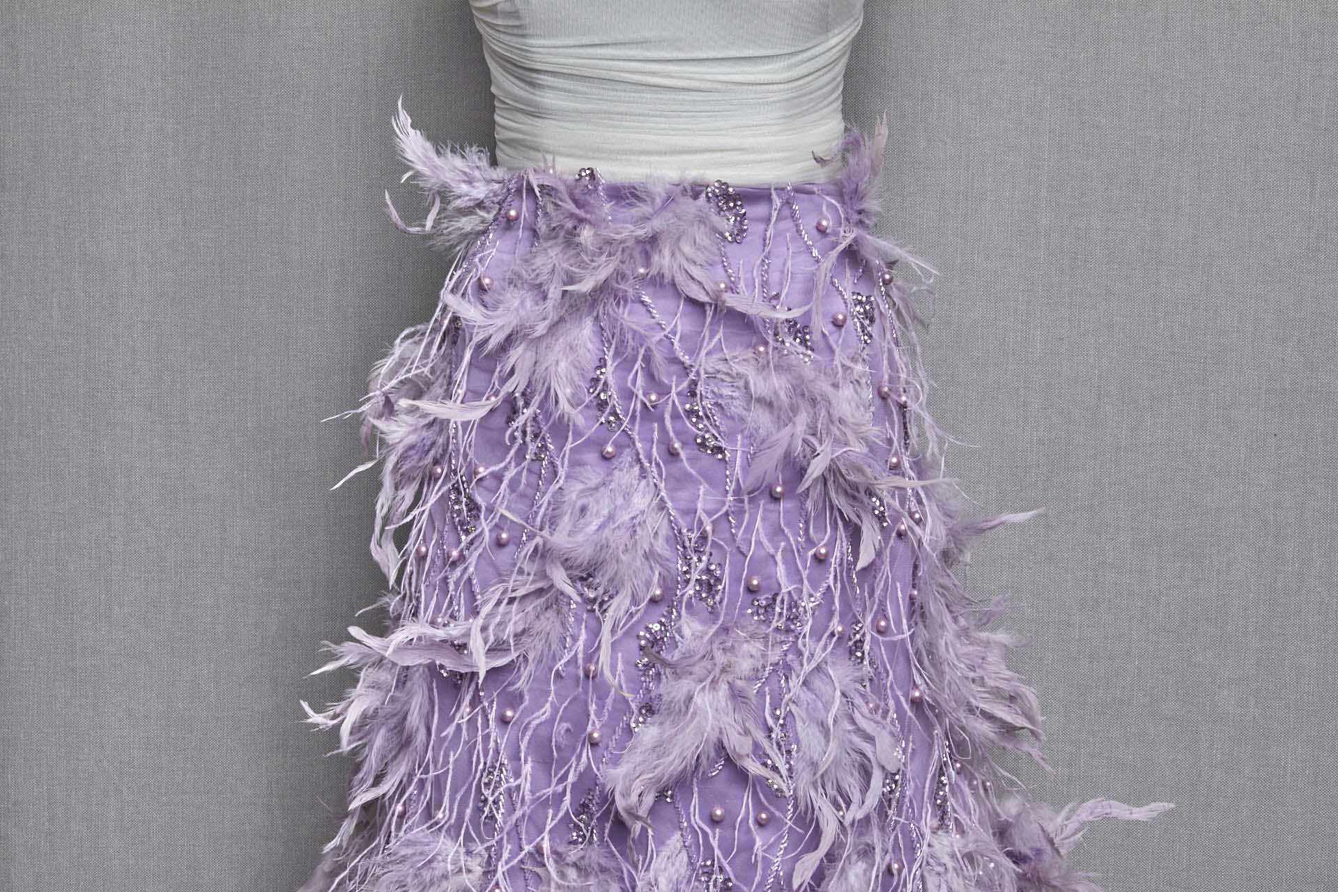 Beaded and Sequinned Tulle with Pearls and Feathers - Lilac fabric, image 5 of 6