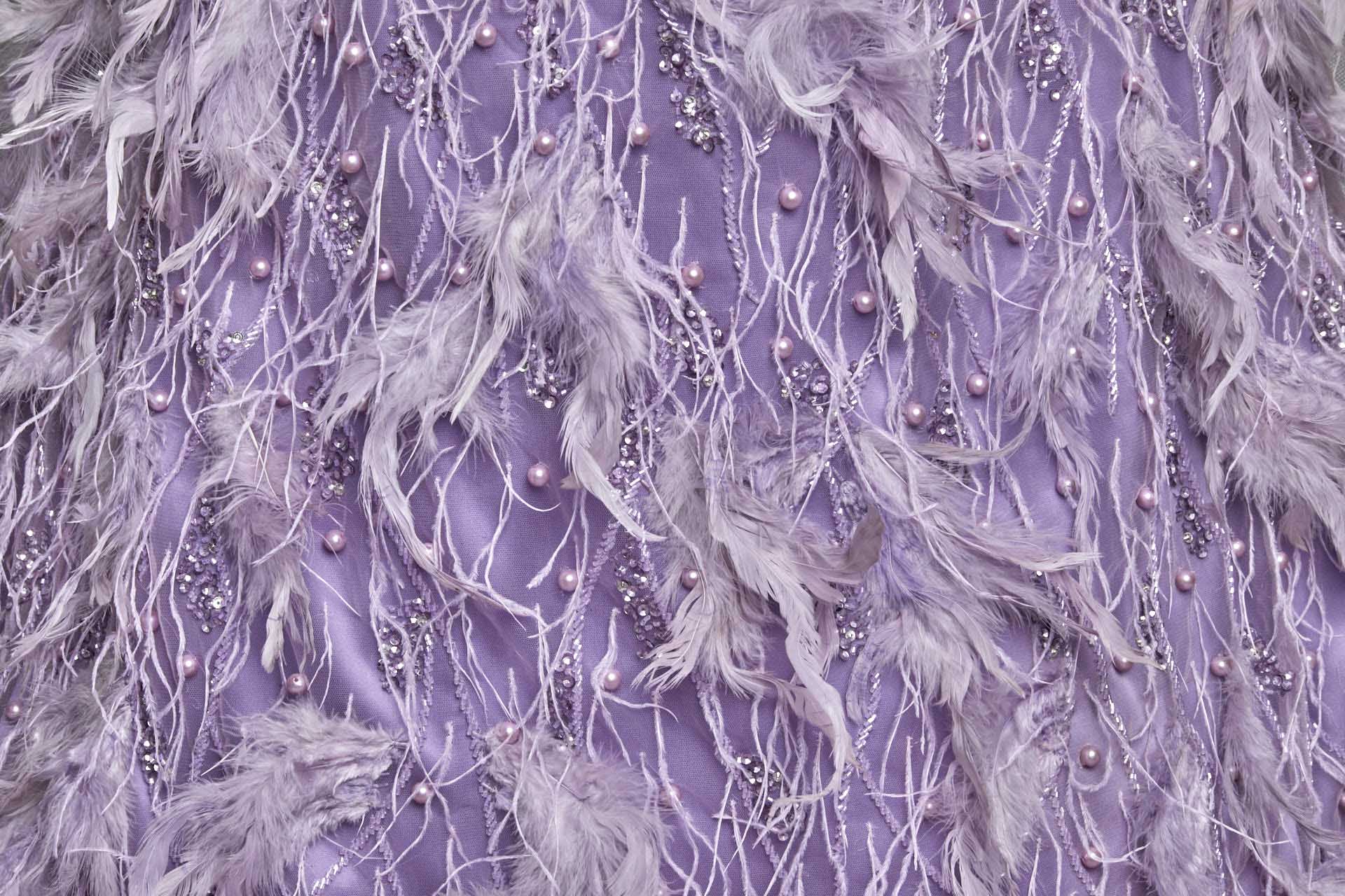 Beaded and Sequinned Tulle with Pearls and Feathers - Lilac fabric, image 6 of 6