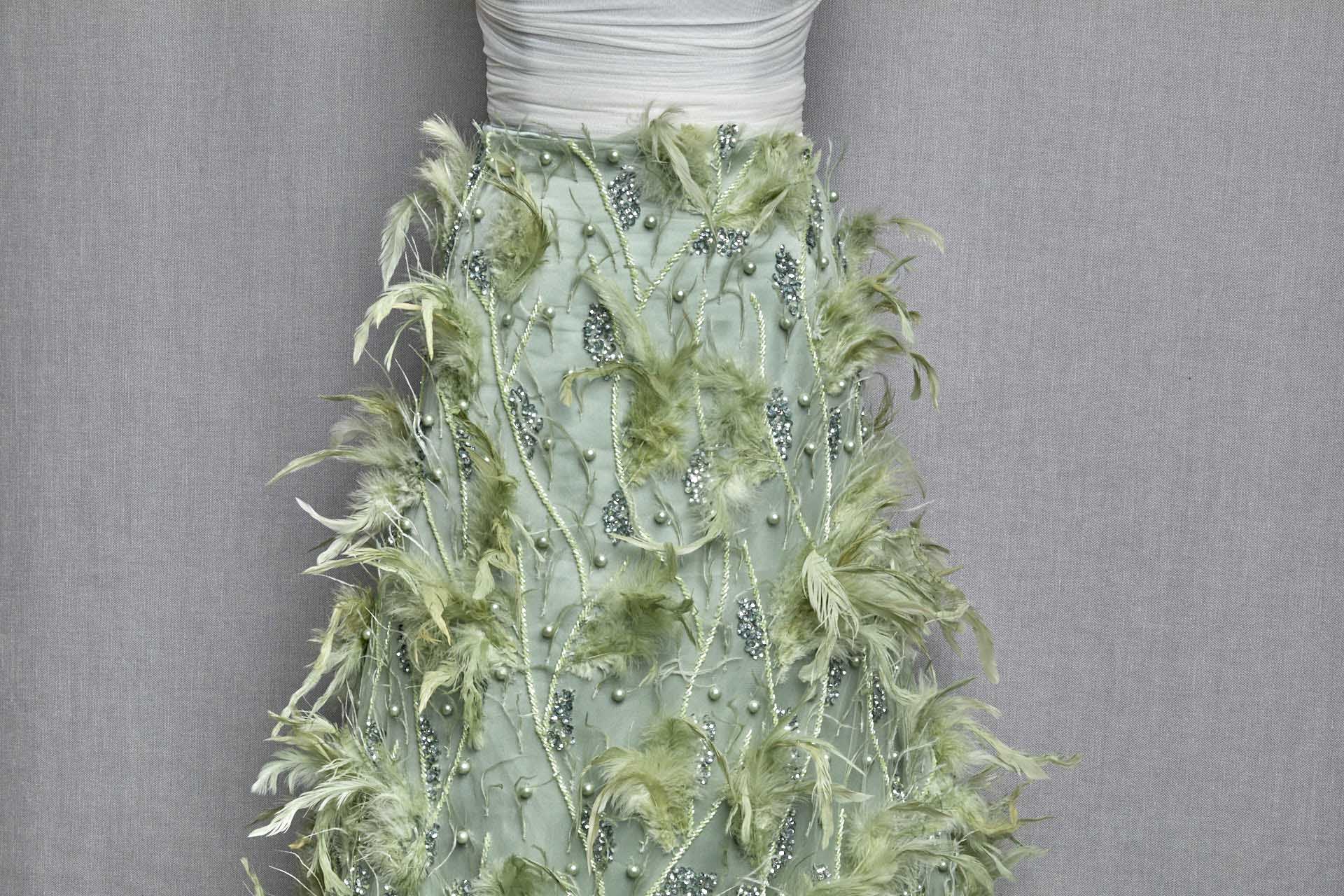 Beaded and Sequinned Tulle with Pearls and Feathers - Sea Spray and Spring Green fabric, image 7 of 7