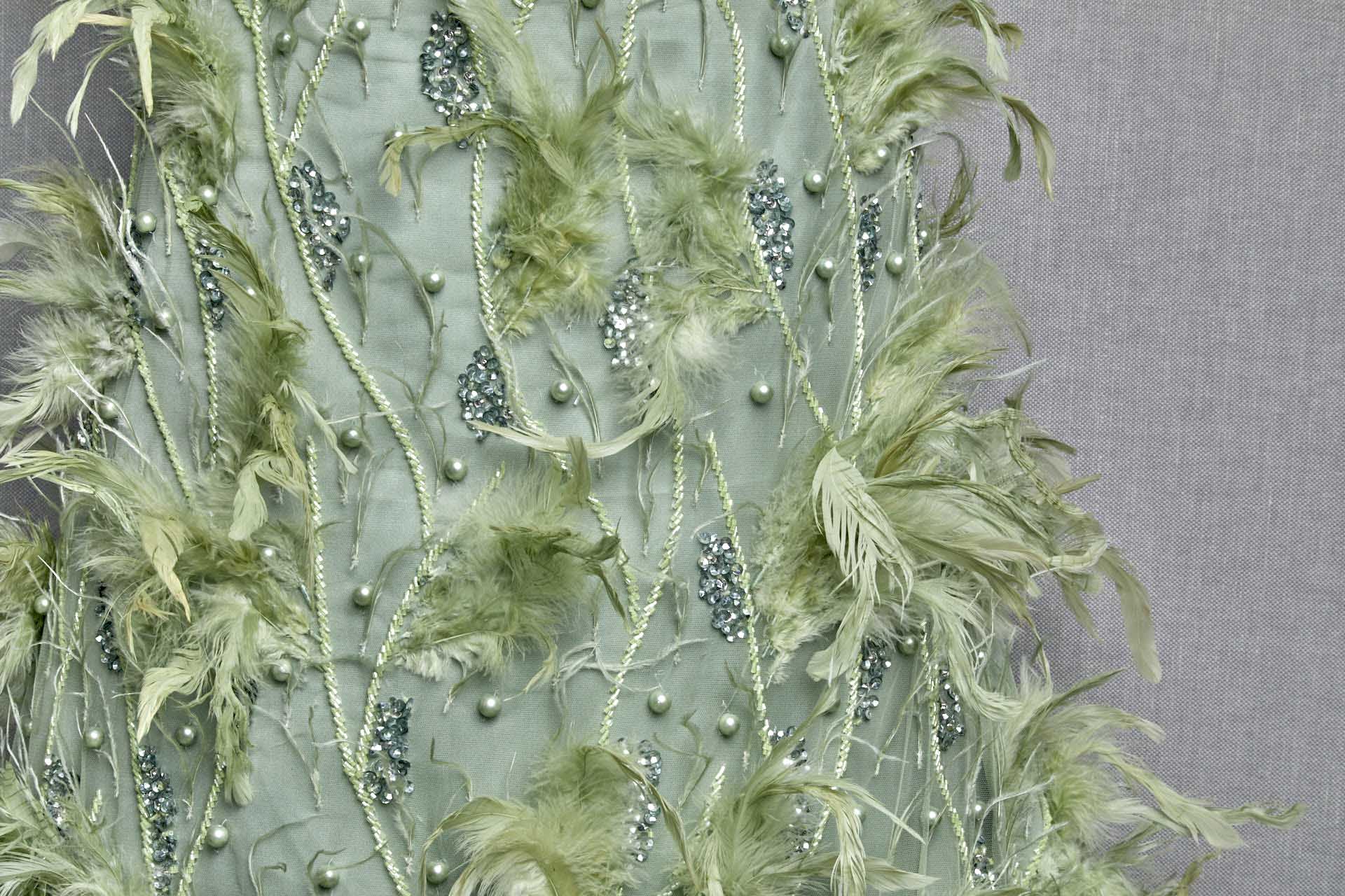 Beaded and Sequinned Tulle with Pearls and Feathers - Sea Spray and Spring Green fabric