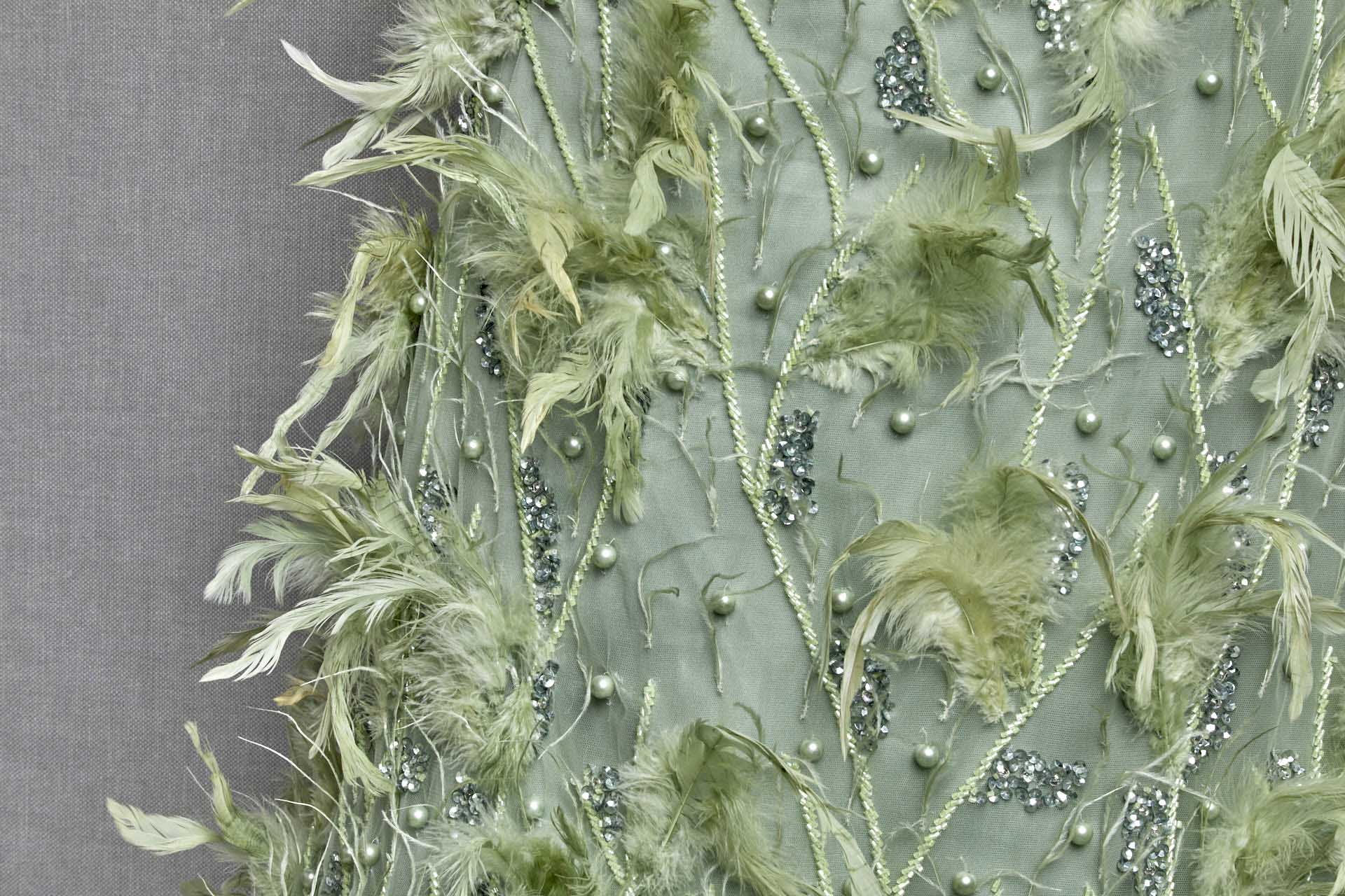 Beaded and Sequinned Tulle with Pearls and Feathers - Sea Spray and Spring Green fabric, image 2 of 7