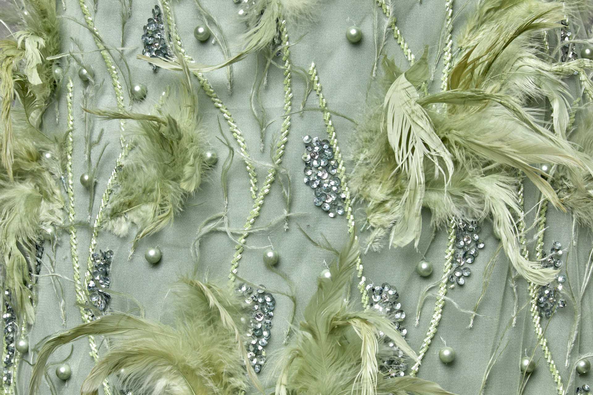 Beaded and Sequinned Tulle with Pearls and Feathers - Sea Spray and Spring Green fabric, image 3 of 7