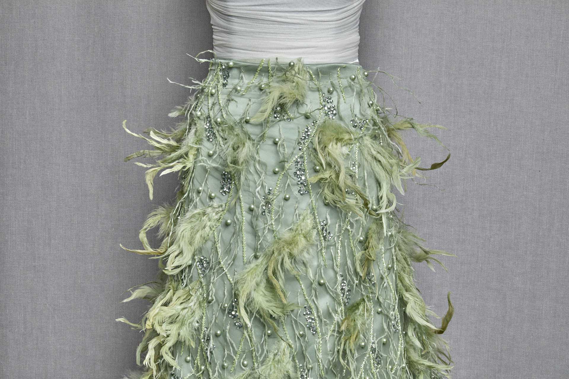 Beaded and Sequinned Tulle with Pearls and Feathers - Sea Spray and Spring Green fabric, image 4 of 7