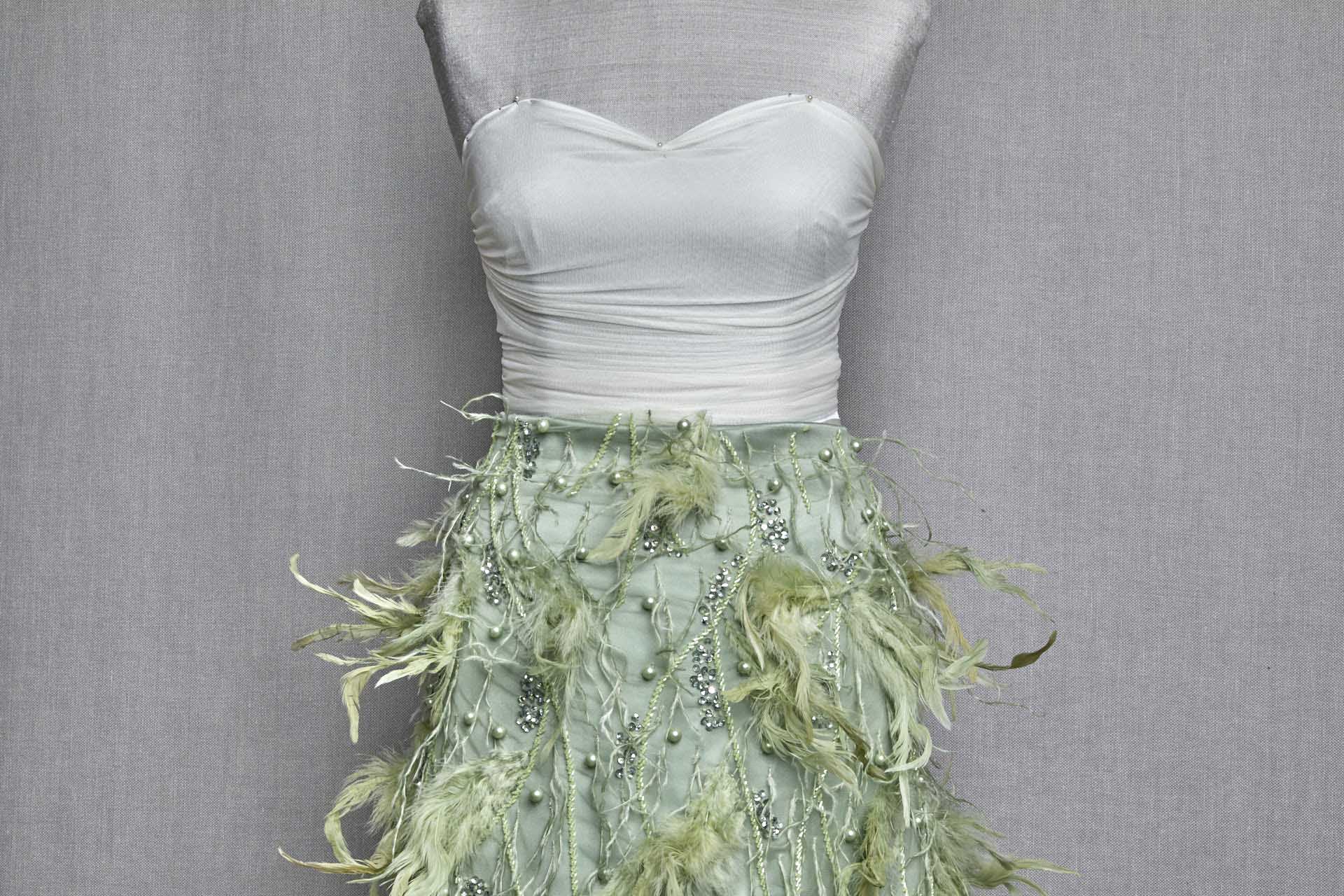 Beaded and Sequinned Tulle with Pearls and Feathers - Sea Spray and Spring Green fabric, image 5 of 7