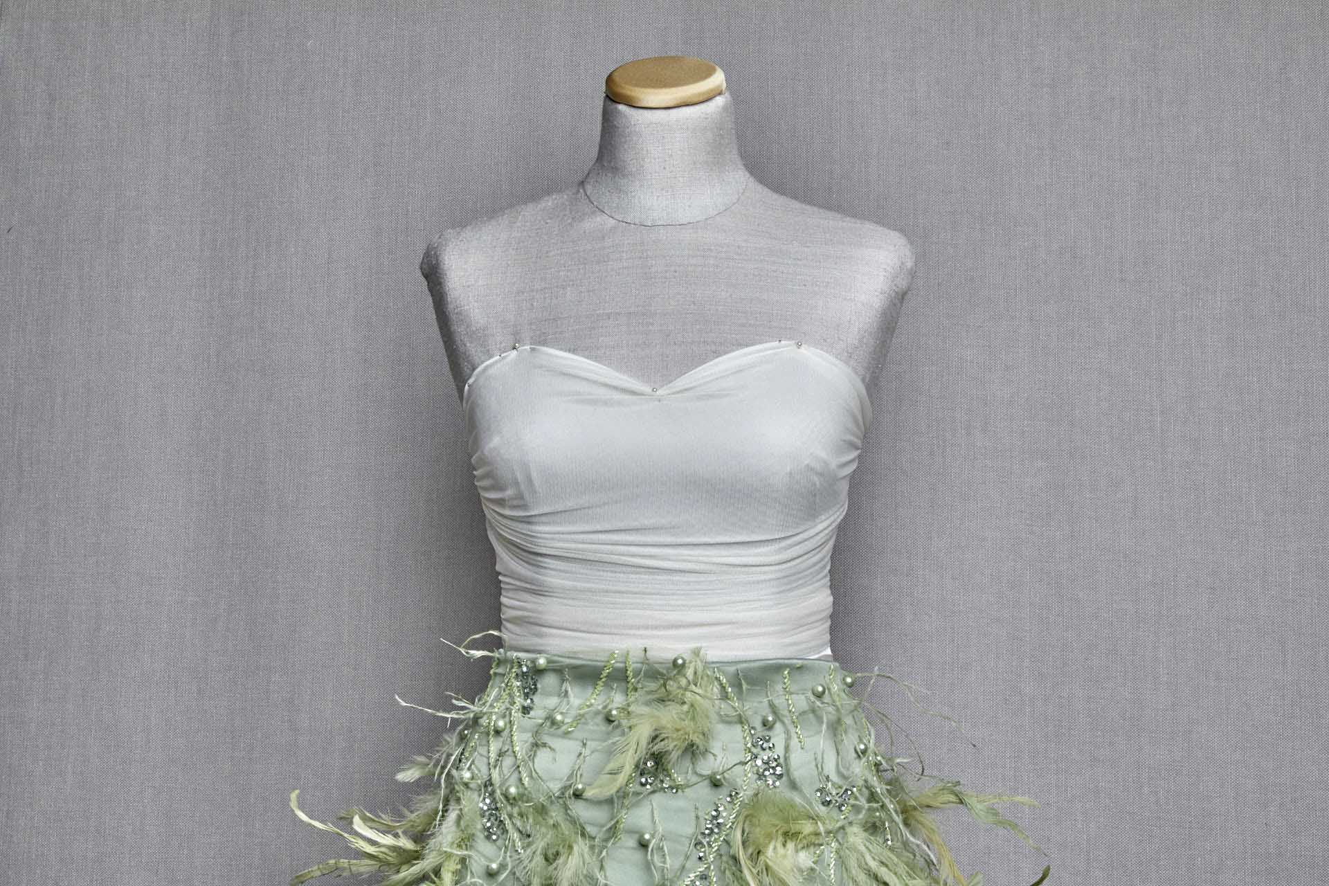 Beaded and Sequinned Tulle with Pearls and Feathers - Sea Spray and Spring Green fabric, image 6 of 7