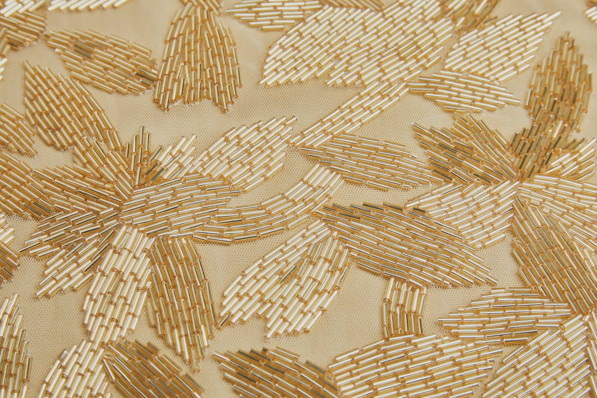 Large Abstract Beaded Gold Flowers on Cream Tulle fabric, image 8 of 8