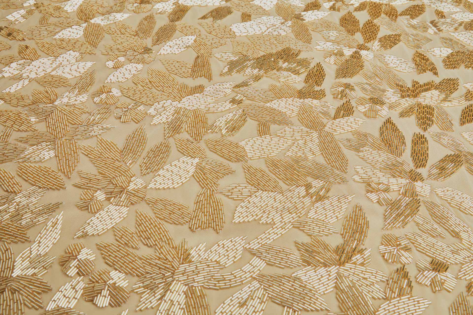 Large Abstract Beaded Gold Flowers on Cream Tulle fabric, image 2 of 8