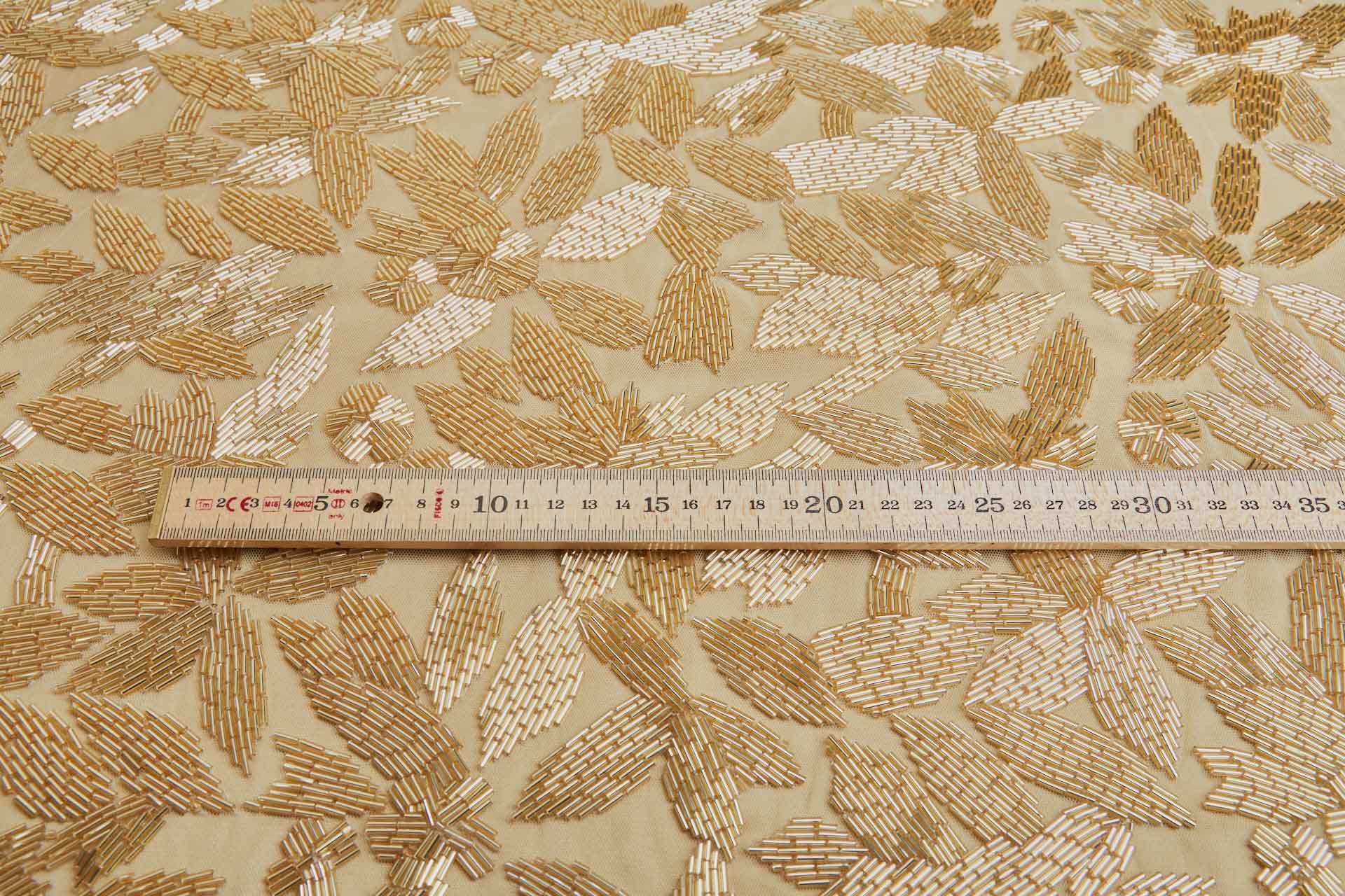 Large Abstract Beaded Gold Flowers on Cream Tulle fabric, image 3 of 8