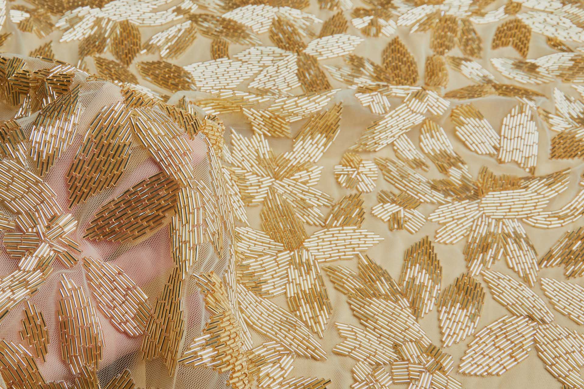 Large Abstract Beaded Gold Flowers on Cream Tulle fabric, image 4 of 8