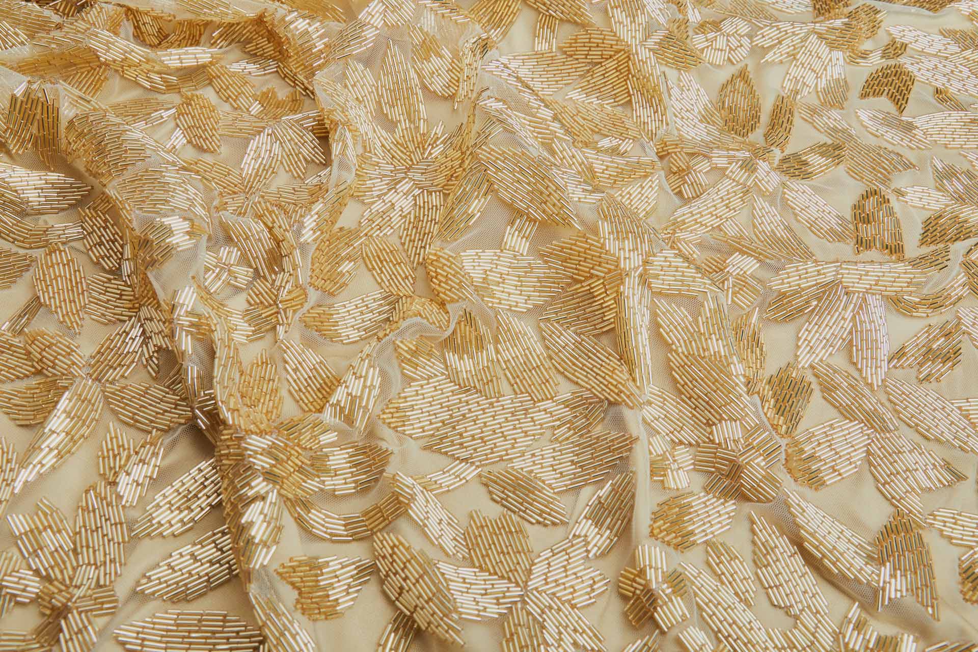 Large Abstract Beaded Gold Flowers on Cream Tulle fabric, image 5 of 8