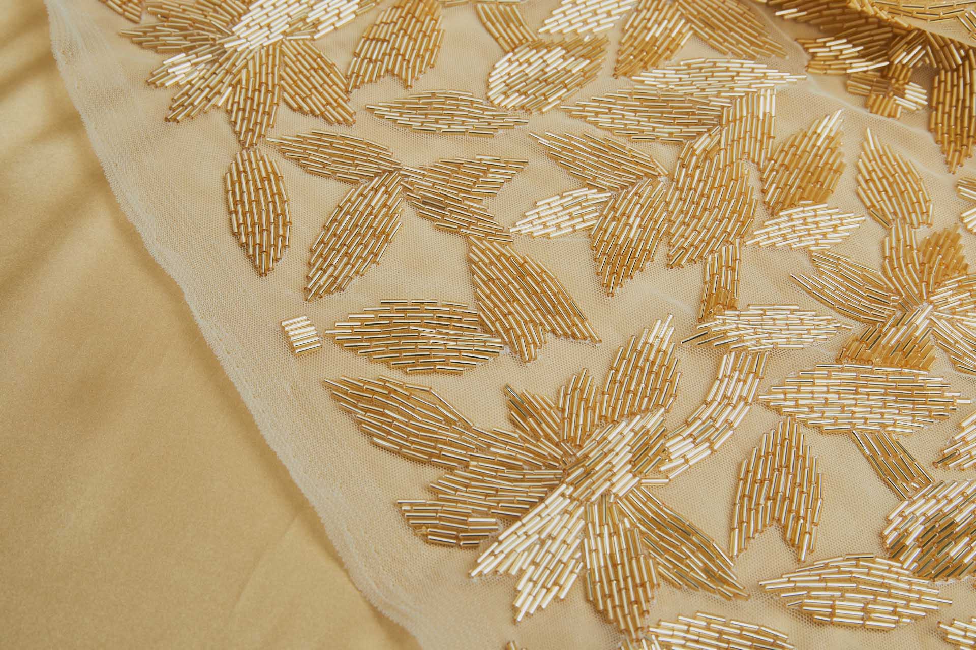Large Abstract Beaded Gold Flowers on Cream Tulle fabric, image 6 of 8