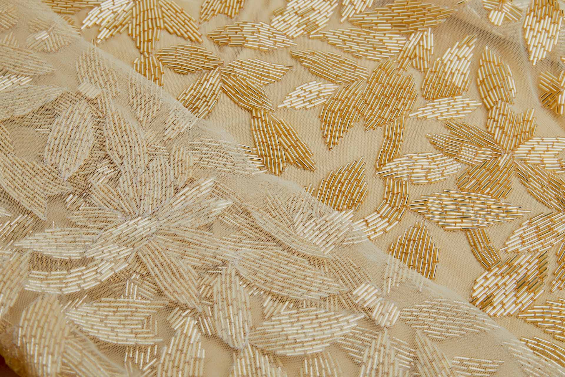 Large Abstract Beaded Gold Flowers on Cream Tulle fabric, image 7 of 8