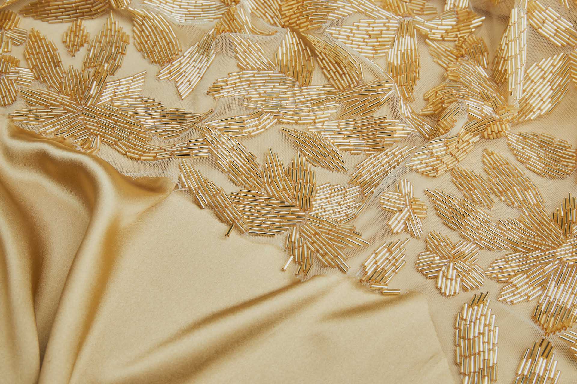 Large Abstract Beaded Gold Flowers on Cream Tulle fabric