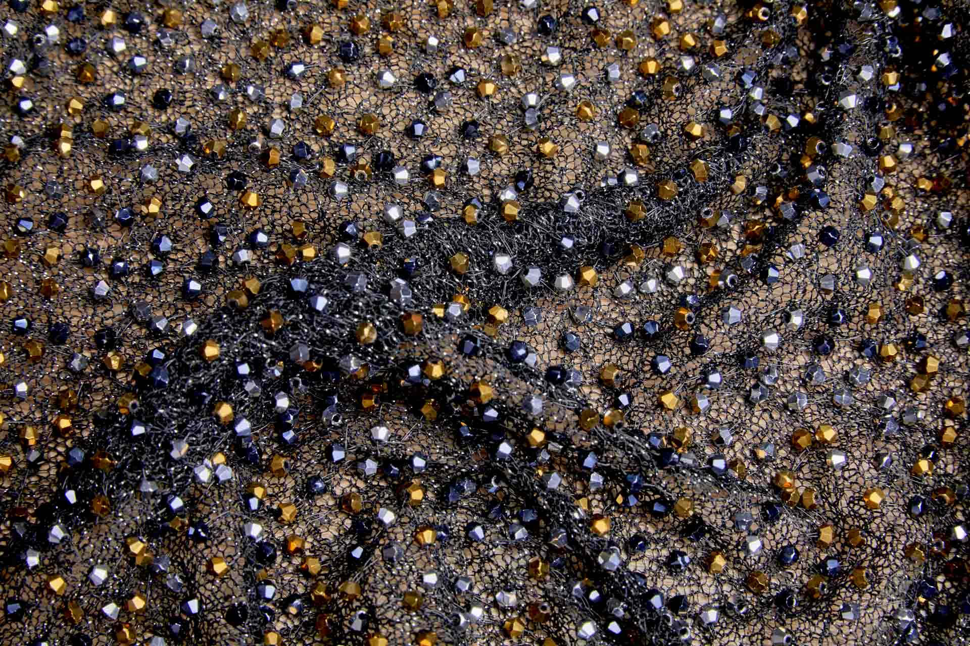 Faceted Crystal Beads on Mesh - Black, Silver and Gold fabric