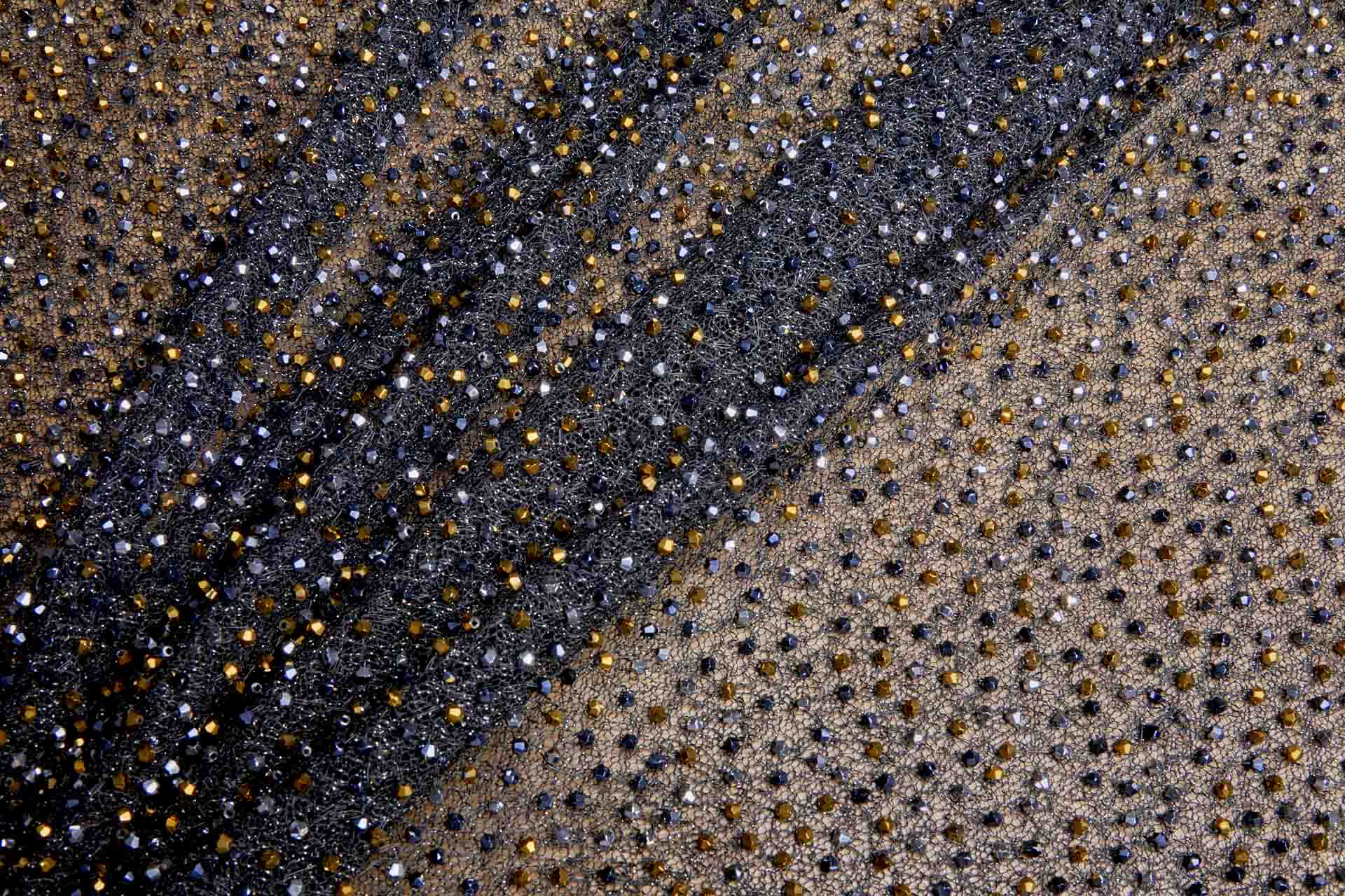 Faceted Crystal Beads on Mesh - Black, Silver and Gold fabric, image 3 of 6