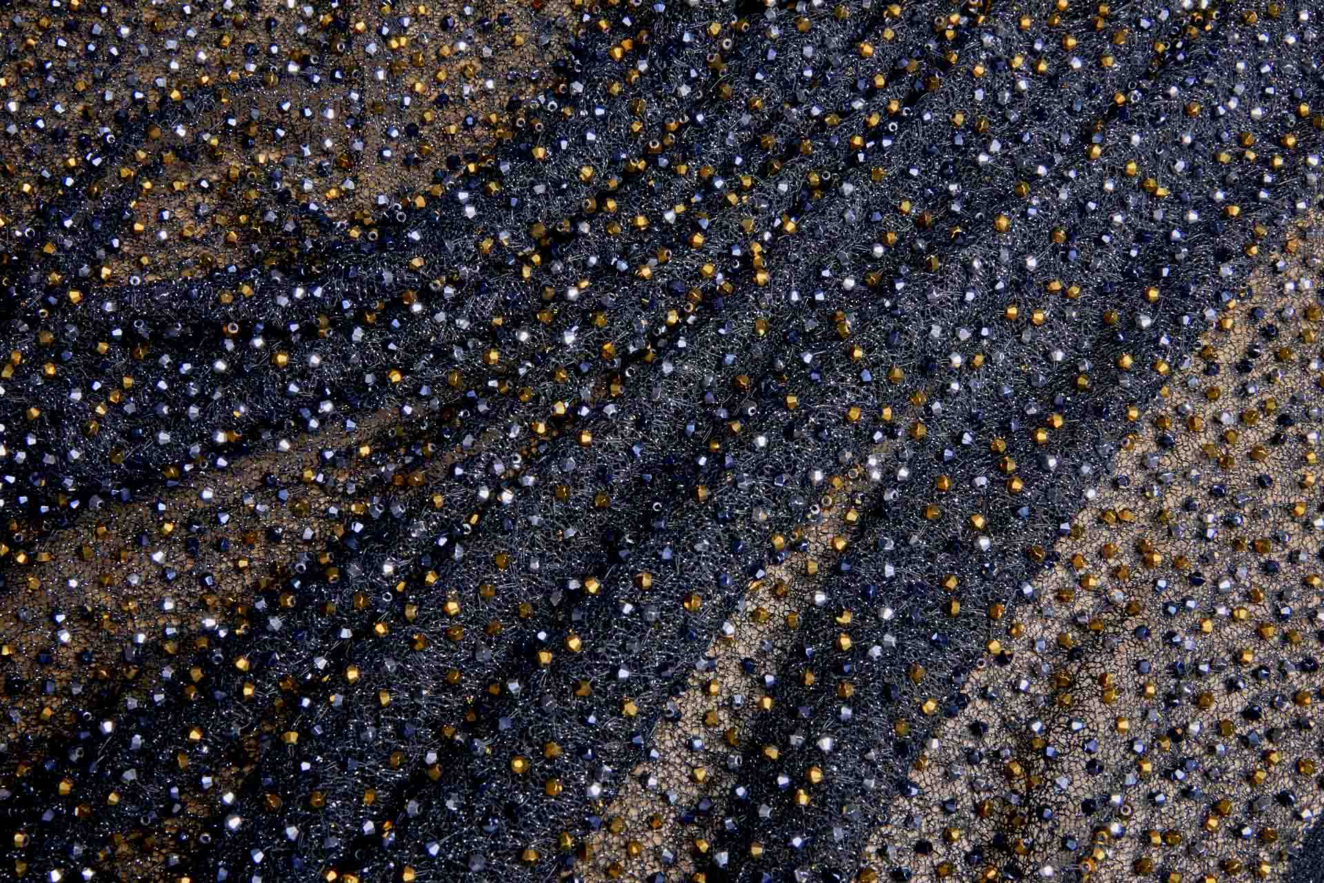 Faceted Crystal Beads on Mesh - Black, Silver and Gold fabric, image 4 of 6