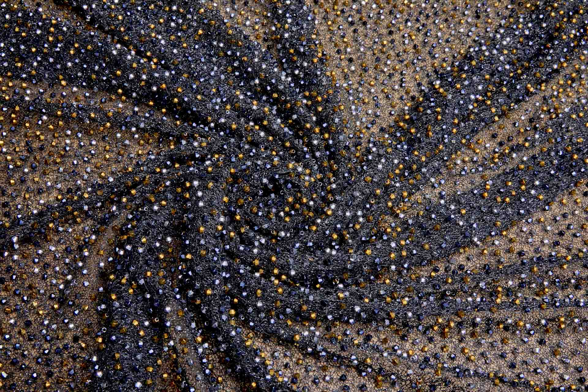Faceted Crystal Beads on Mesh - Black, Silver and Gold fabric, image 5 of 6