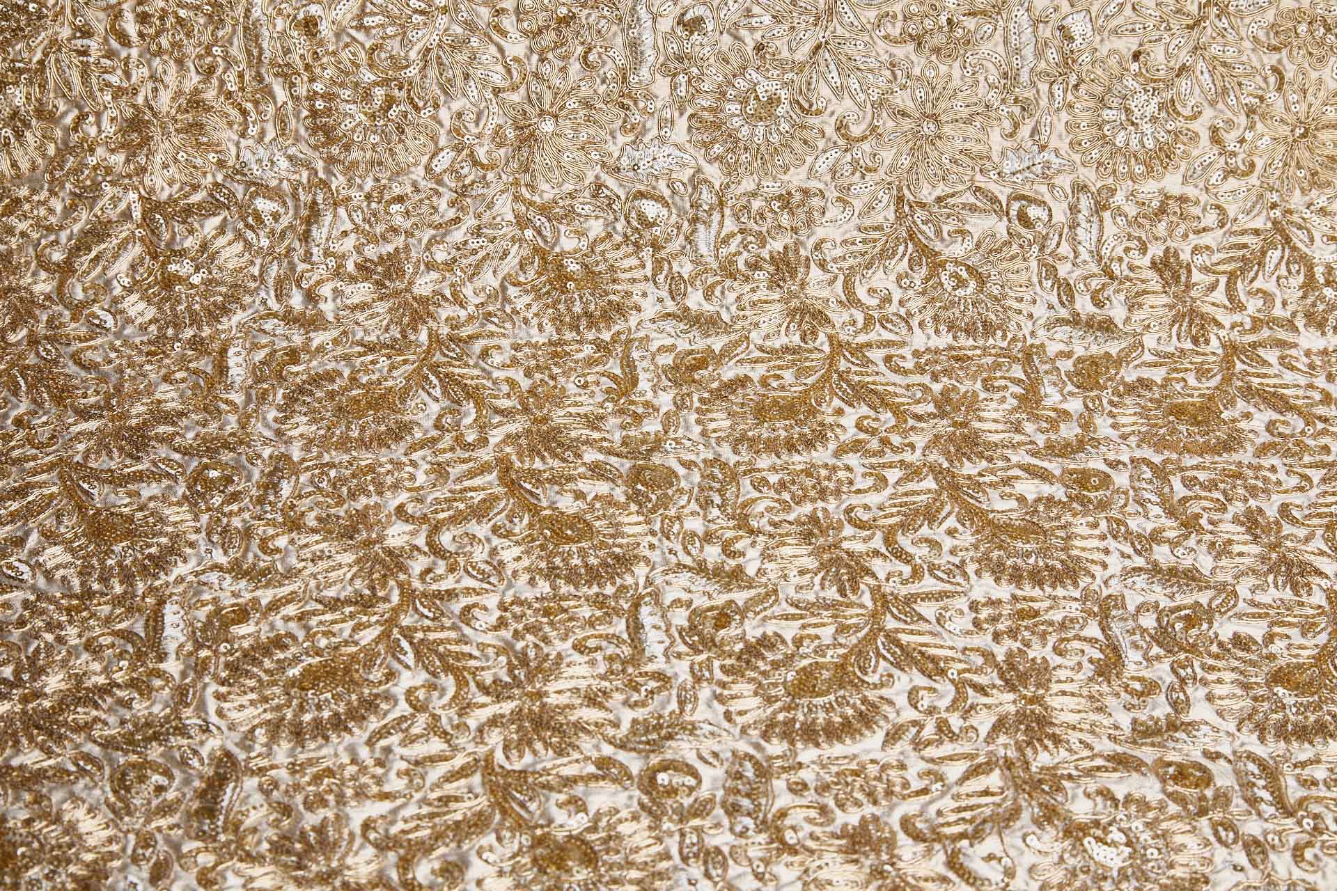 Floral Embroidery, Cording and Sequins in Gold on Gold Dupion fabric, image 7 of 7