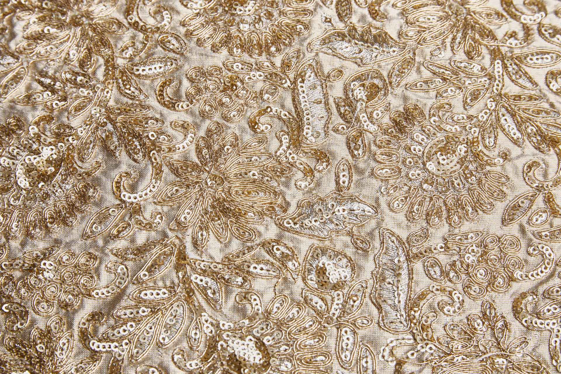 Floral Embroidery, Cording and Sequins in Gold on Gold Dupion fabric, image 2 of 7