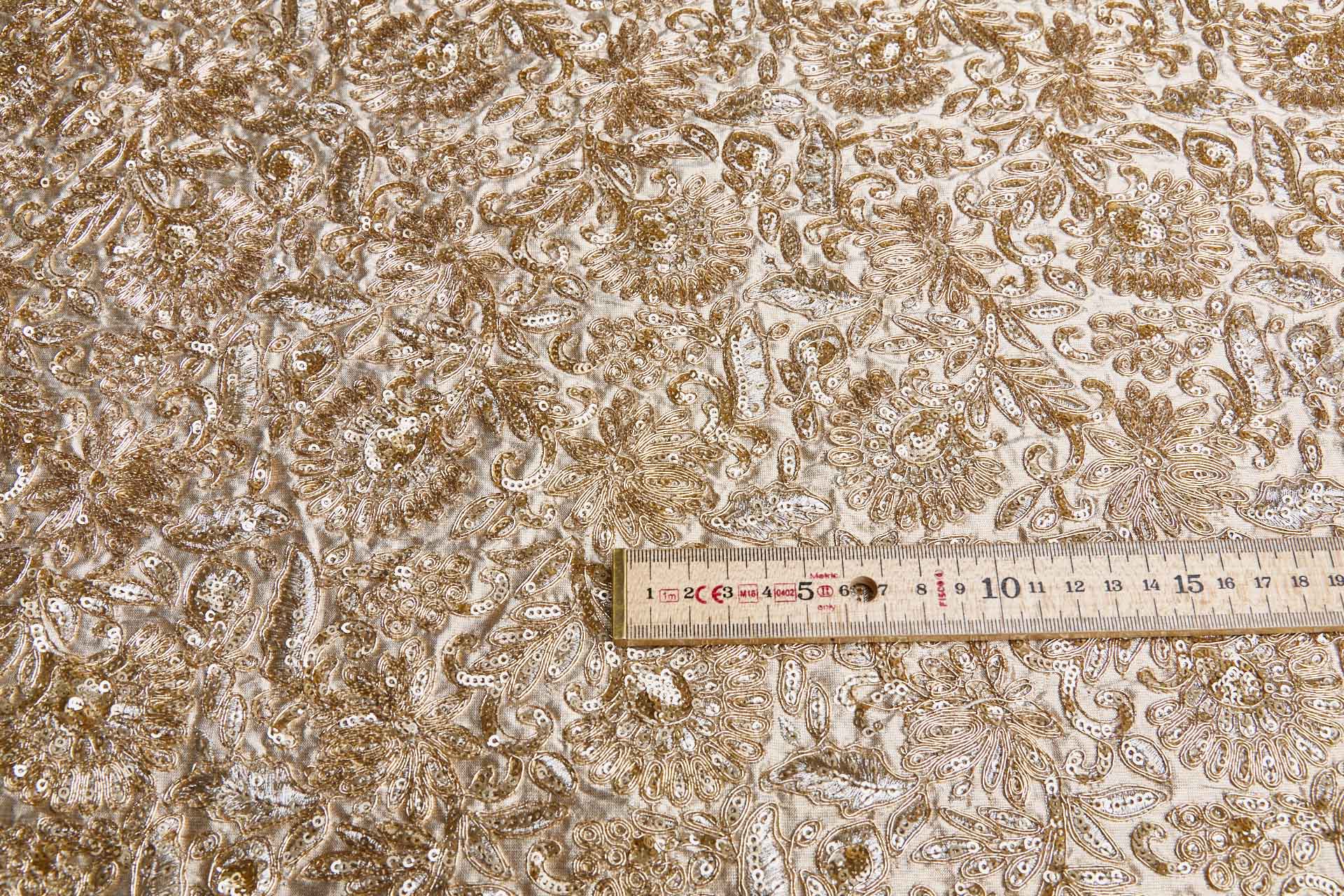 Floral Embroidery, Cording and Sequins in Gold on Gold Dupion fabric, image 3 of 7