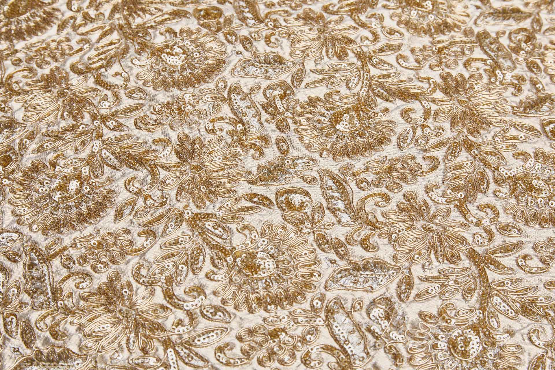 Floral Embroidery, Cording and Sequins in Gold on Gold Dupion fabric, image 4 of 7