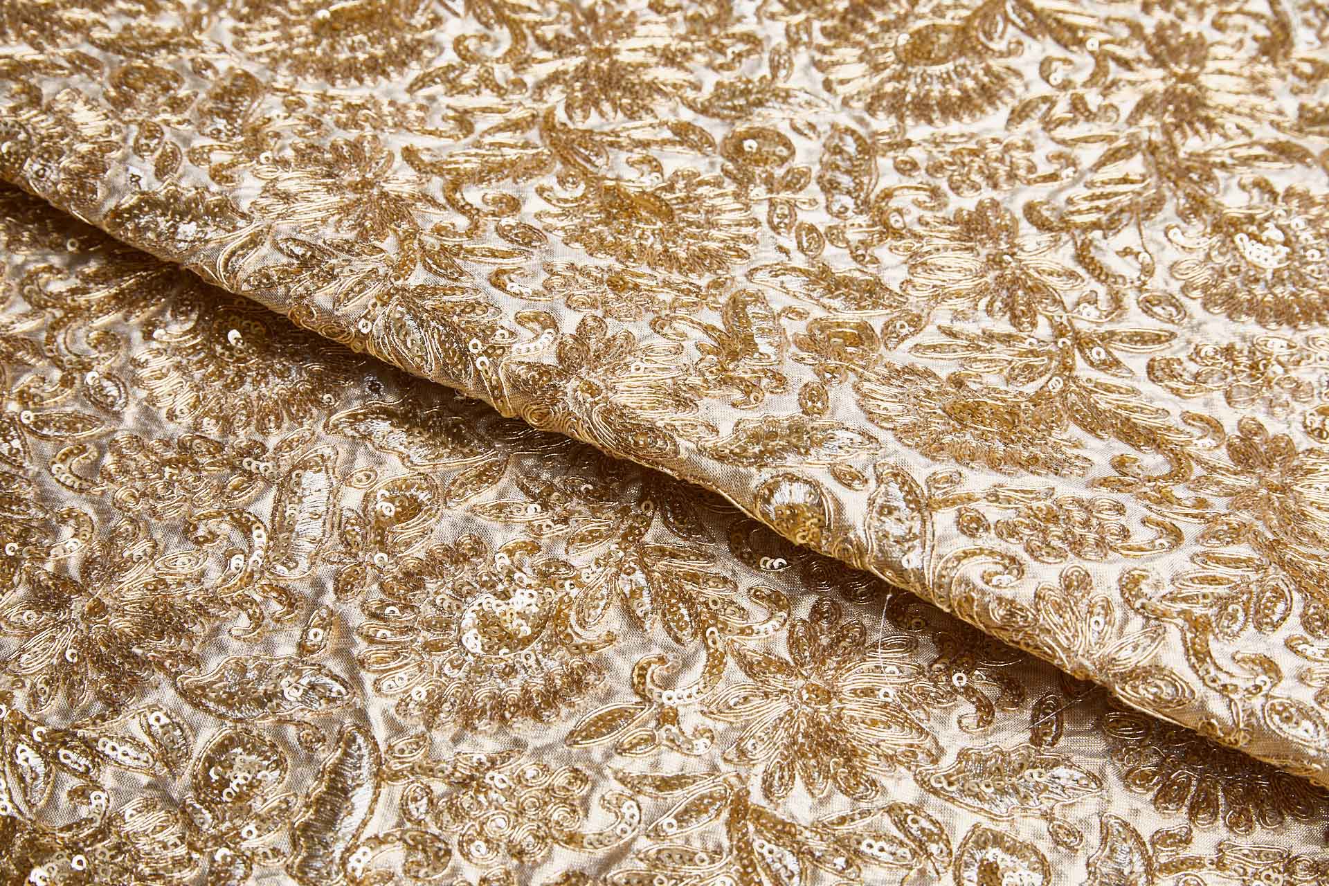 Floral Embroidery, Cording and Sequins in Gold on Gold Dupion fabric