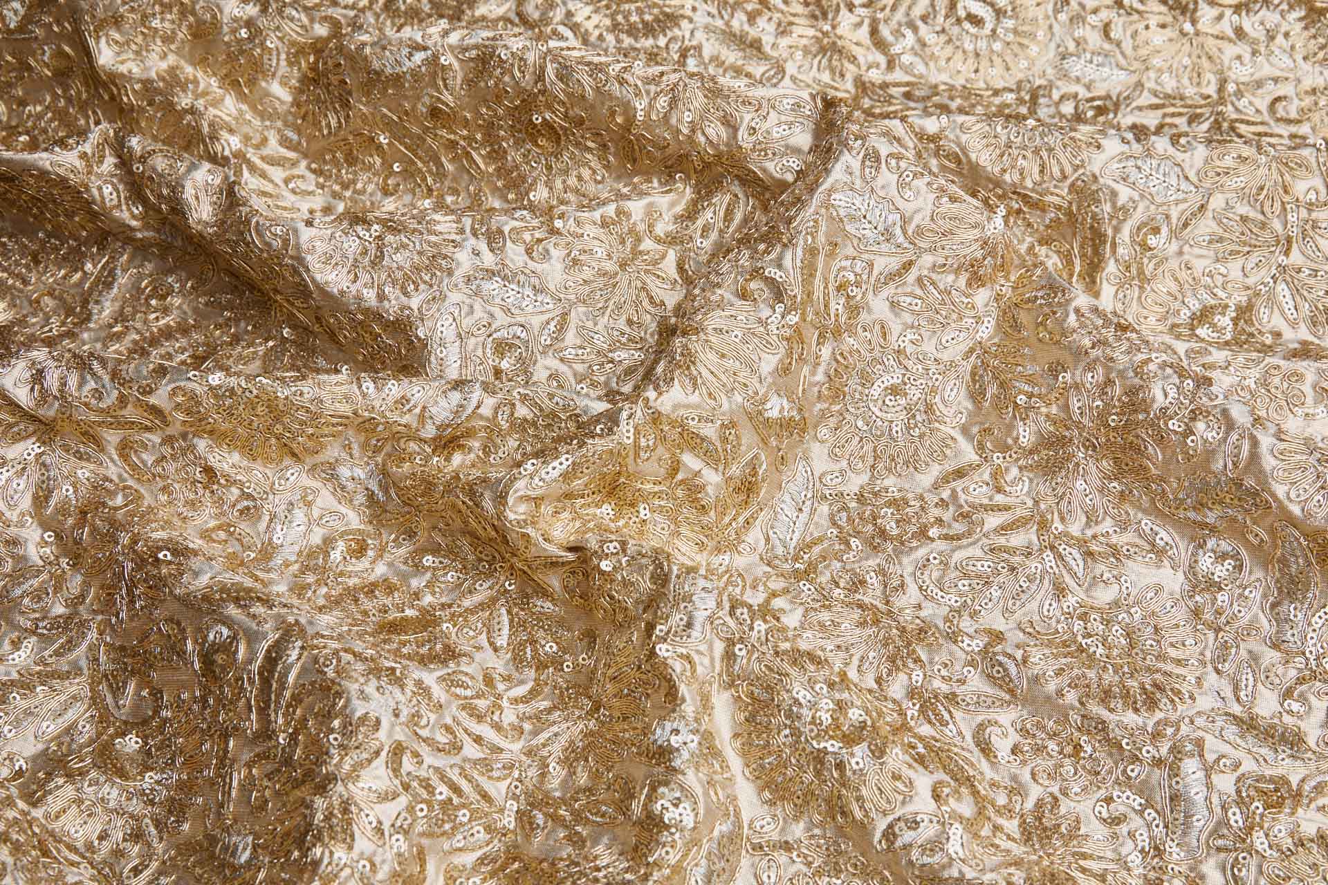 Floral Embroidery, Cording and Sequins in Gold on Gold Dupion fabric, image 5 of 7