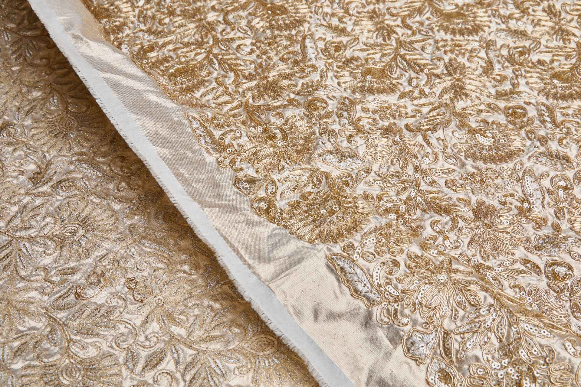 Floral Embroidery, Cording and Sequins in Gold on Gold Dupion fabric, image 6 of 7