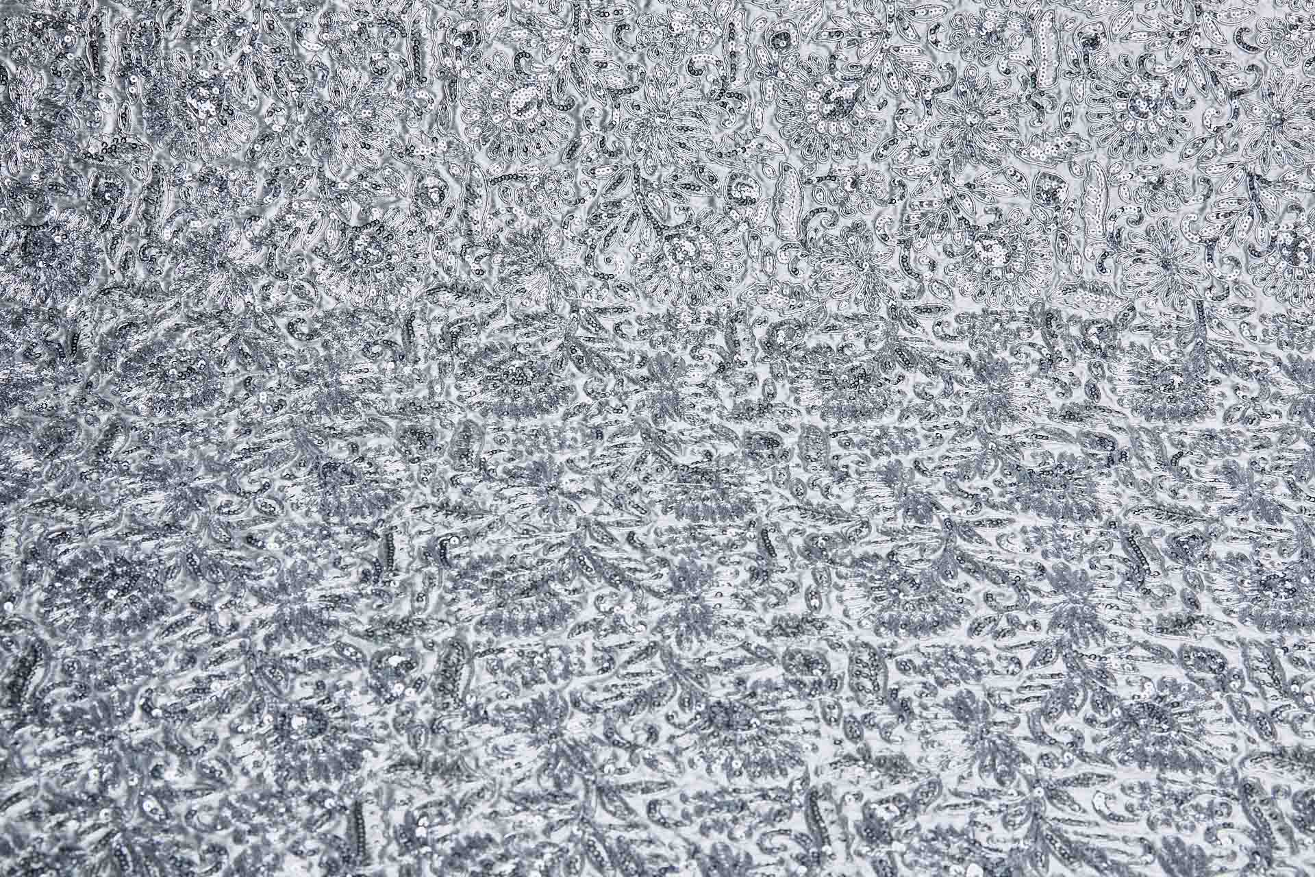 Floral Embroidery, Cording and Sequins in Silver on Silver Dupion fabric, image 6 of 6