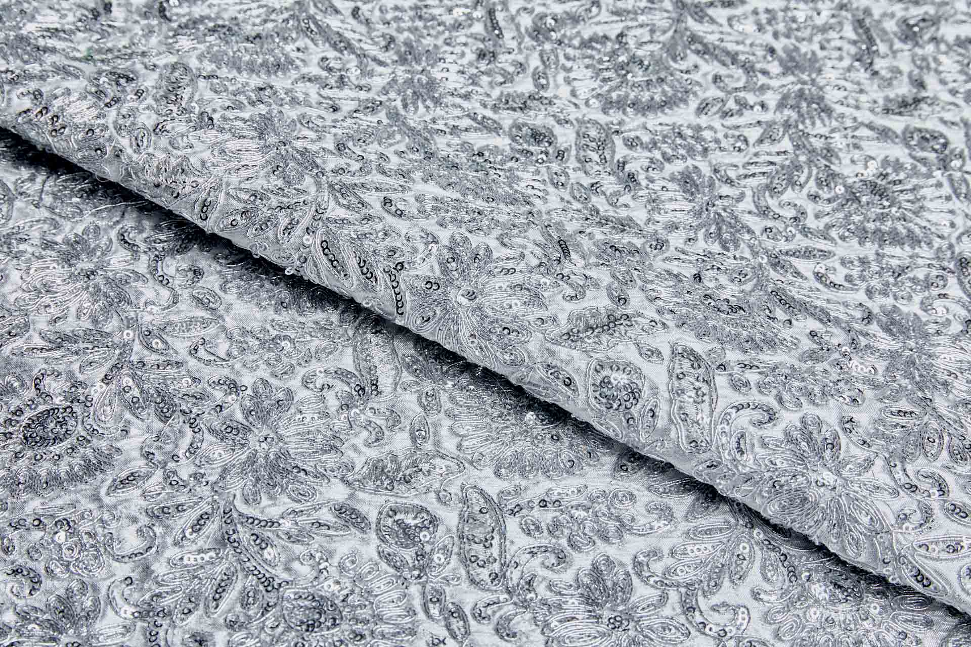 Floral Embroidery, Cording and Sequins in Silver on Silver Dupion fabric
