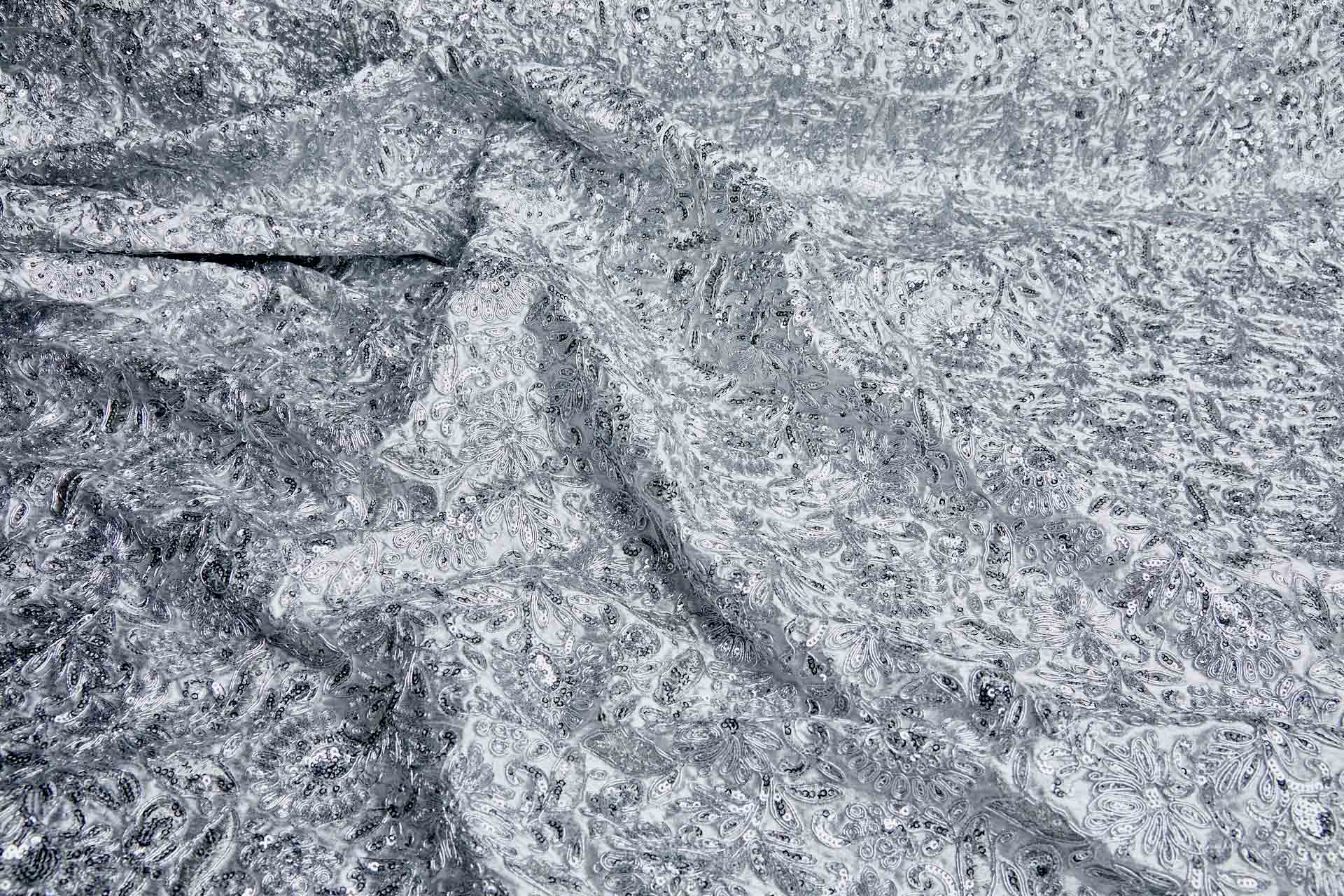 Floral Embroidery, Cording and Sequins in Silver on Silver Dupion fabric, image 2 of 6