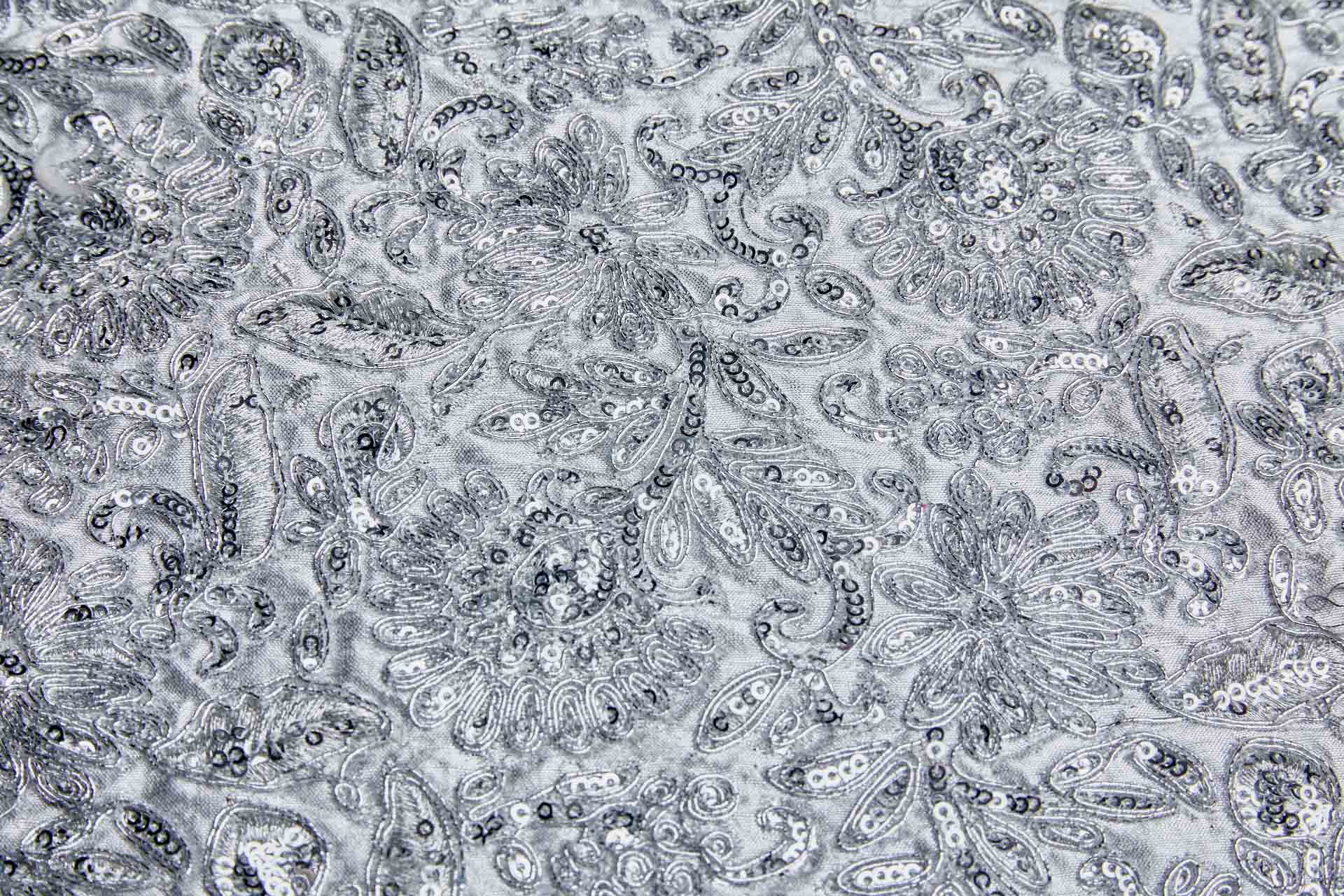 Floral Embroidery, Cording and Sequins in Silver on Silver Dupion fabric, image 3 of 6