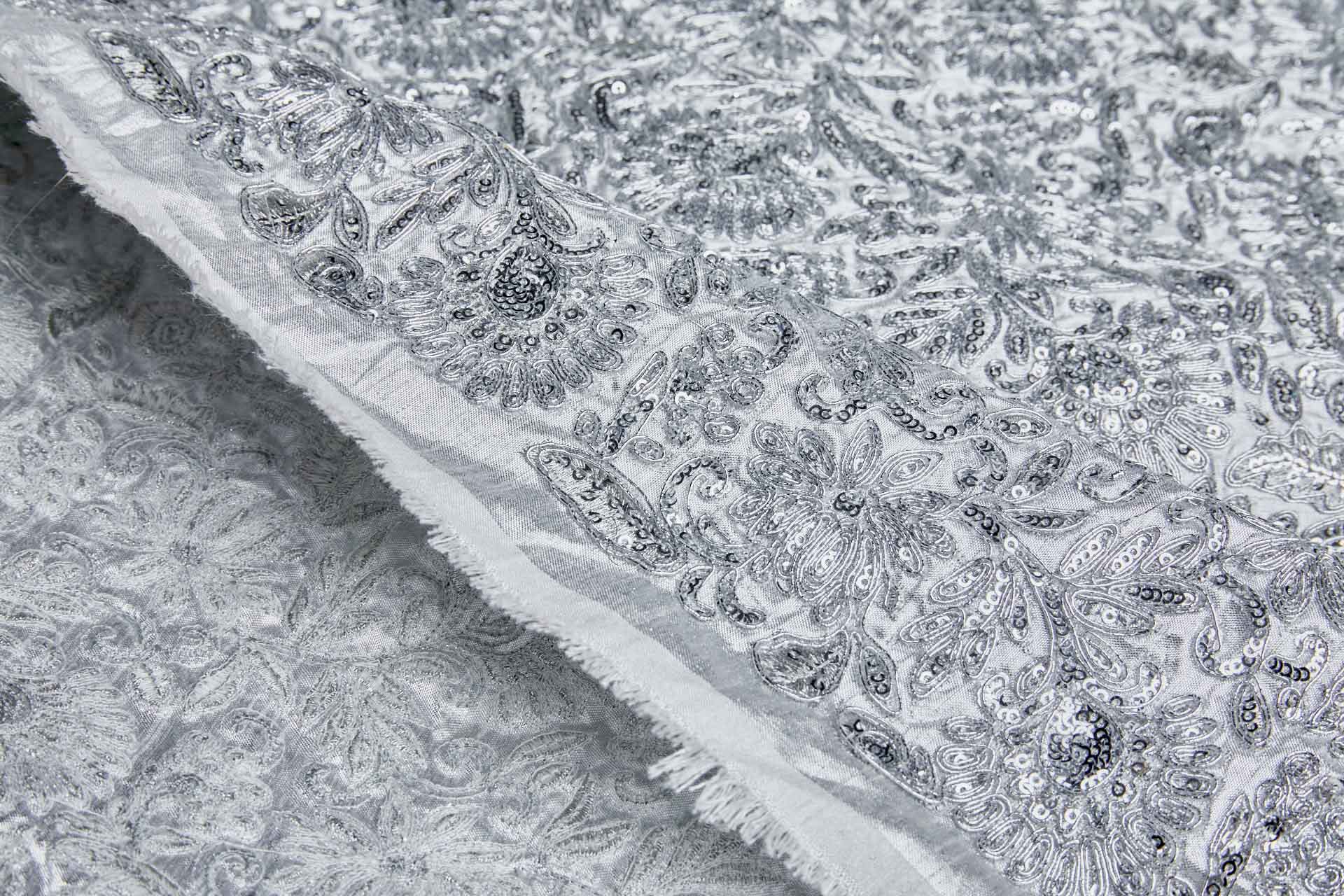 Floral Embroidery, Cording and Sequins in Silver on Silver Dupion fabric, image 5 of 6