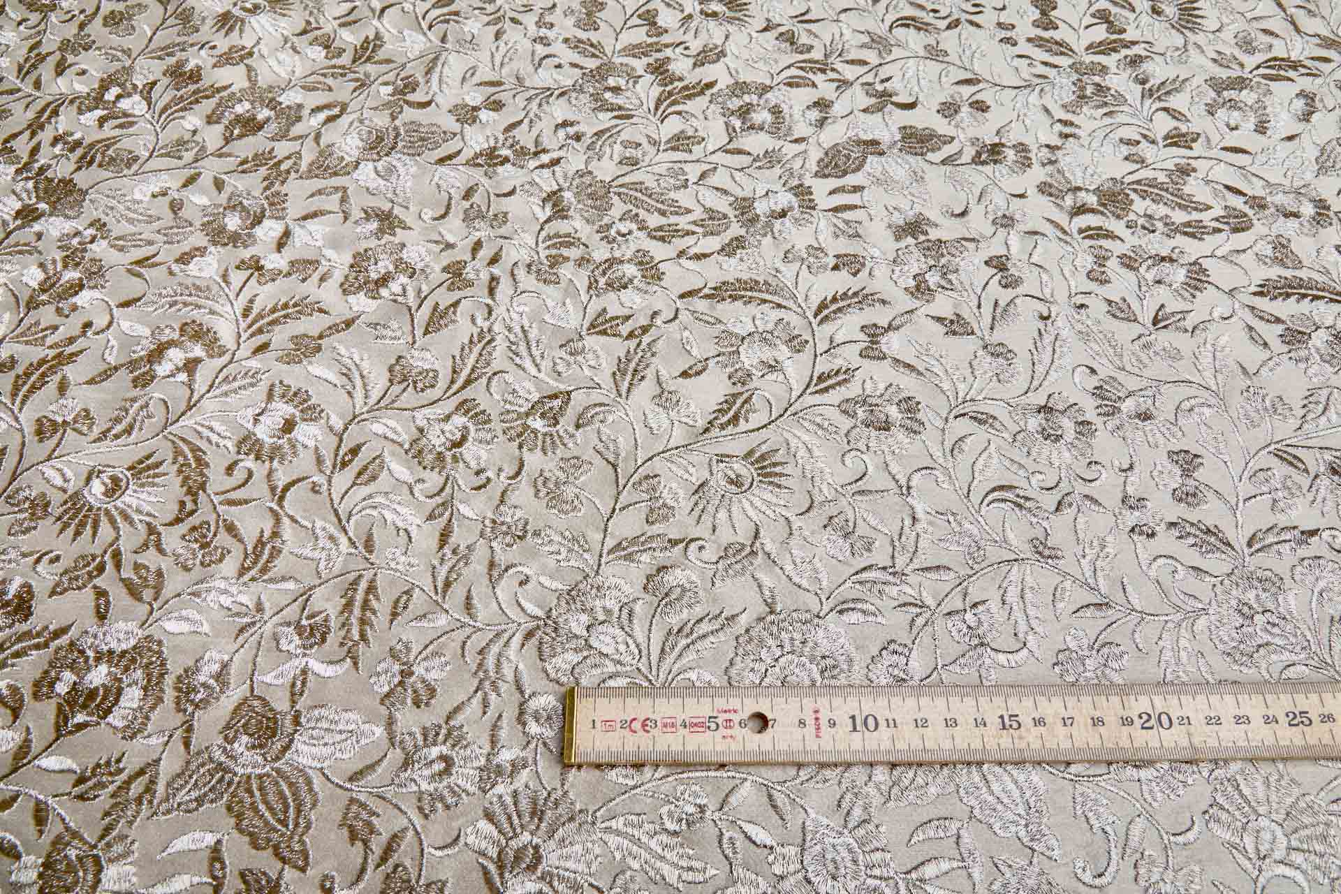 Silver Metallic Floral Embroidery on Cream Dupion fabric, image 2 of 8
