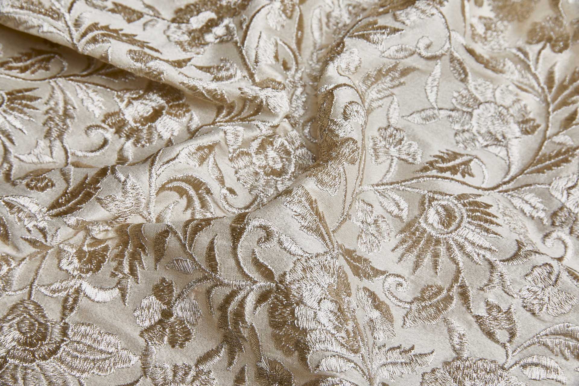 Silver Metallic Floral Embroidery on Cream Dupion fabric, image 5 of 8