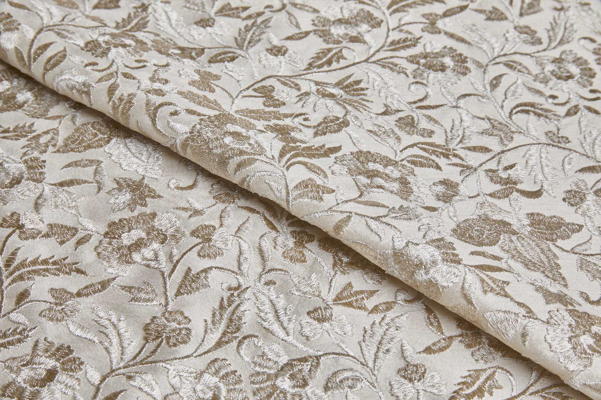Silver Metallic Floral Embroidery on Cream Dupion fabric