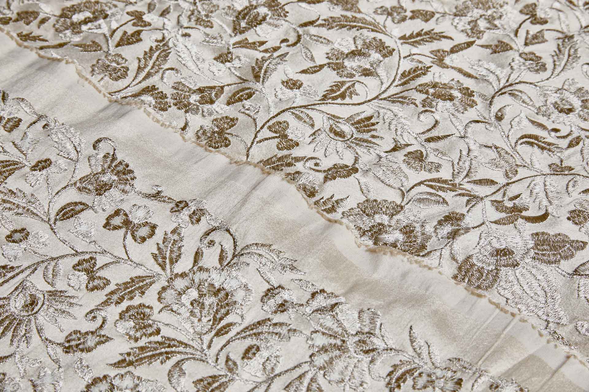 Silver Metallic Floral Embroidery on Cream Dupion fabric, image 7 of 8