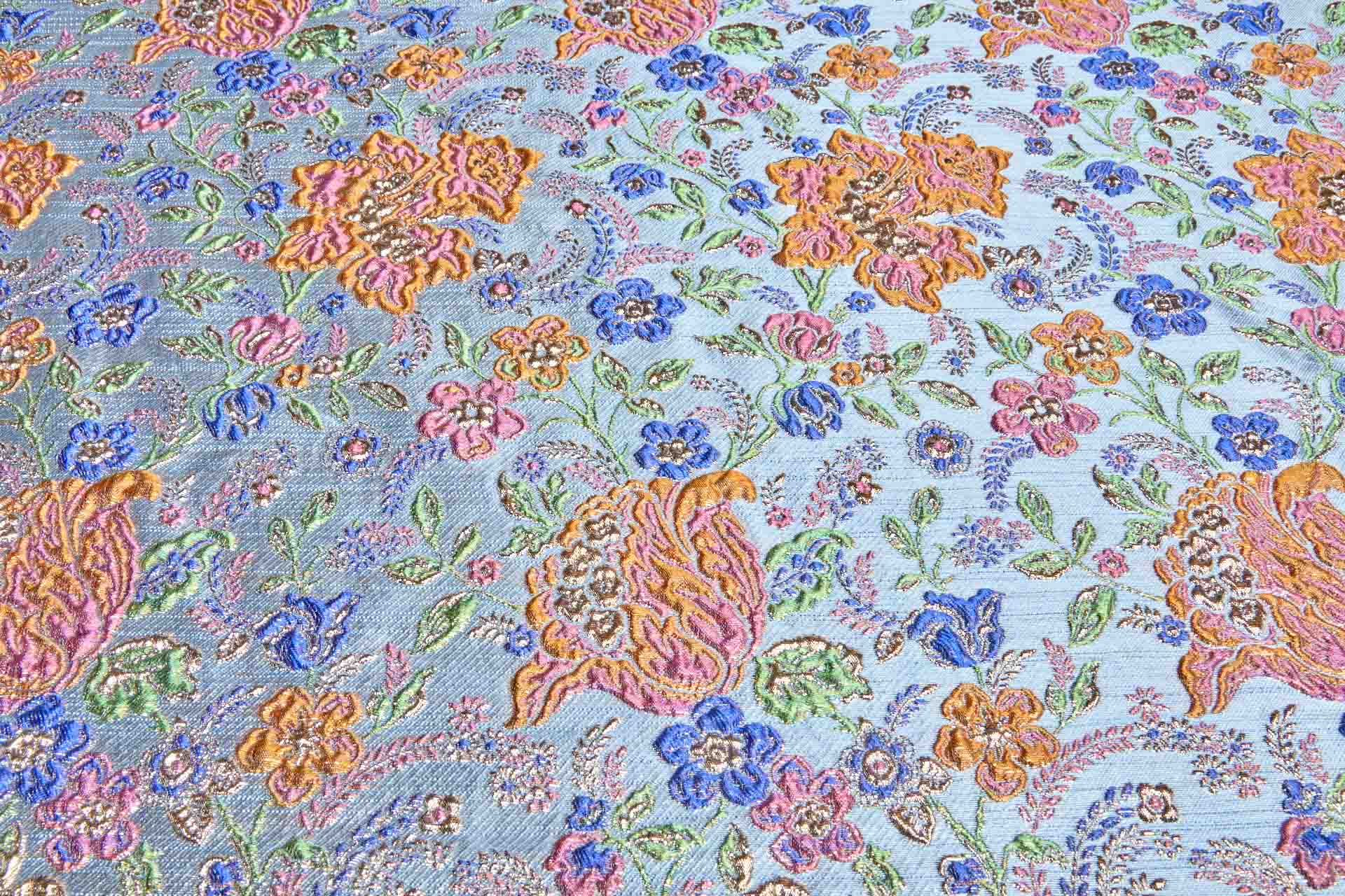 "Summer Garden" Floral Cloqué Brocade - Multi Colour with Gold on Pale Blue fabric, image 9 of 9