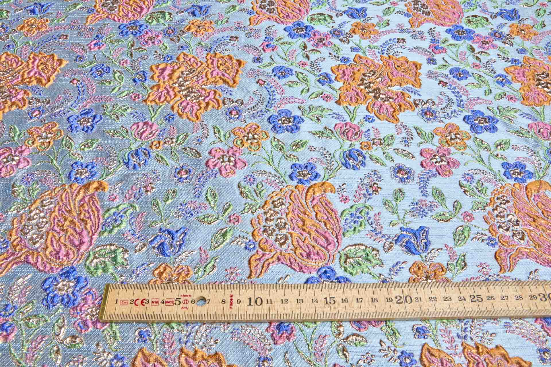 "Summer Garden" Floral Cloqué Brocade - Multi Colour with Gold on Pale Blue fabric, image 2 of 9