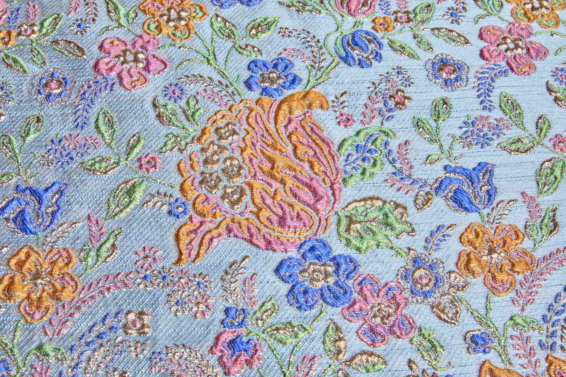 "Summer Garden" Floral Cloqué Brocade - Multi Colour with Gold on Pale Blue fabric, image 3 of 9