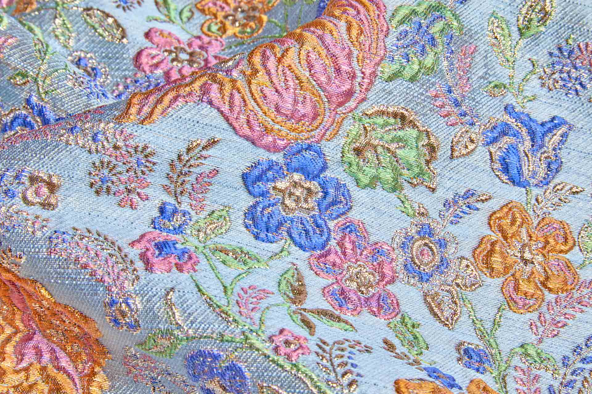 "Summer Garden" Floral Cloqué Brocade - Multi Colour with Gold on Pale Blue fabric, image 4 of 9