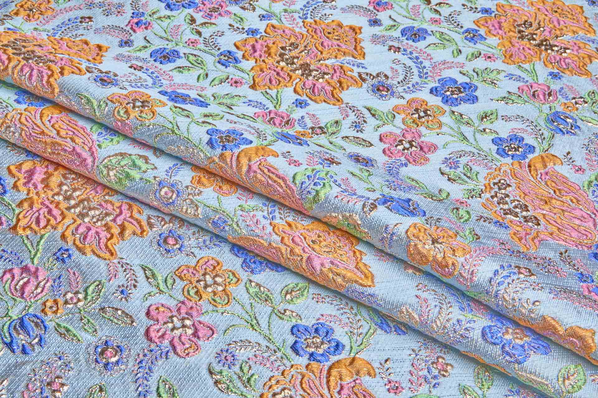 "Summer Garden" Floral Cloqué Brocade - Multi Colour with Gold on Pale Blue fabric