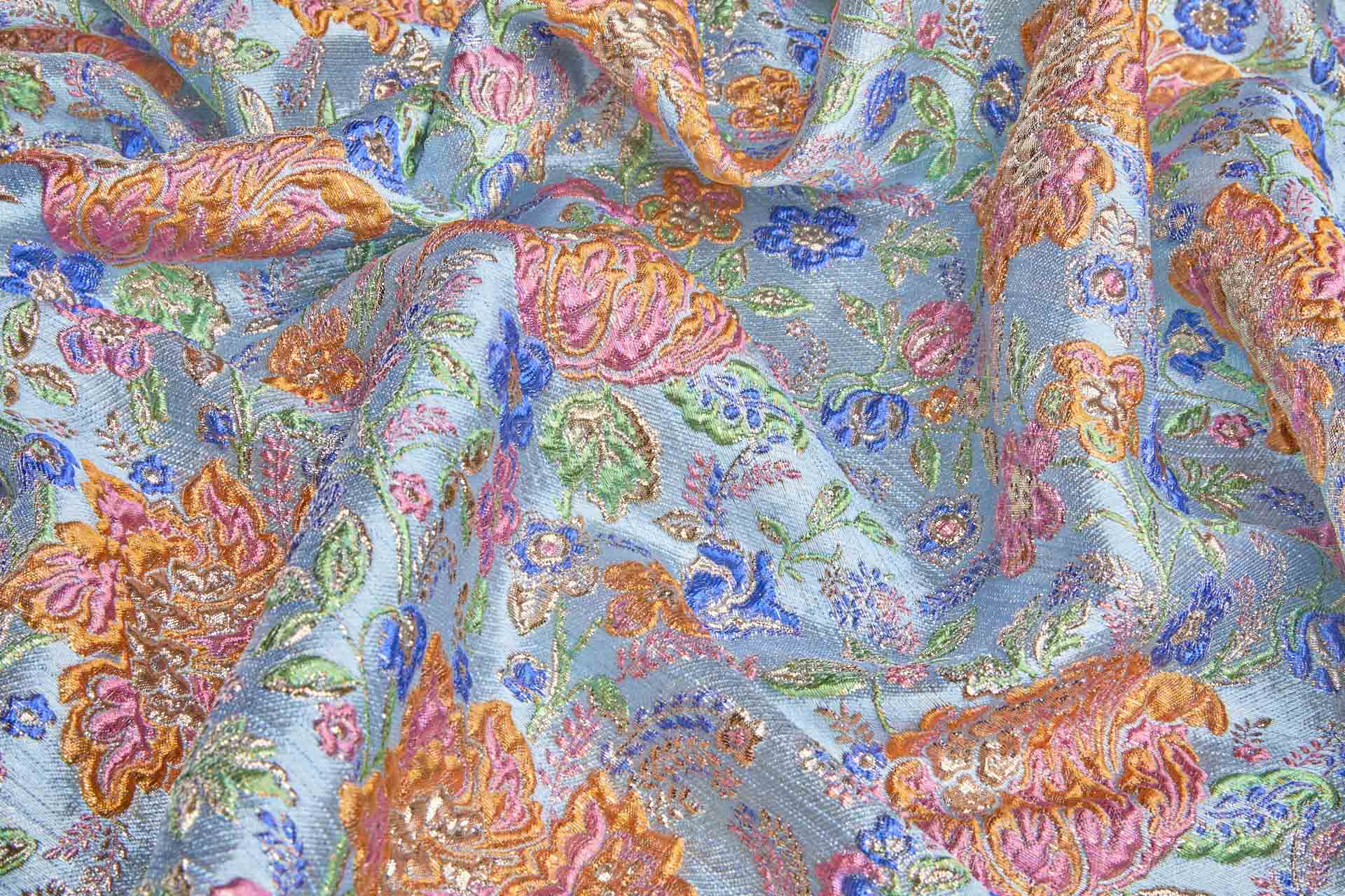 "Summer Garden" Floral Cloqué Brocade - Multi Colour with Gold on Pale Blue fabric, image 5 of 9