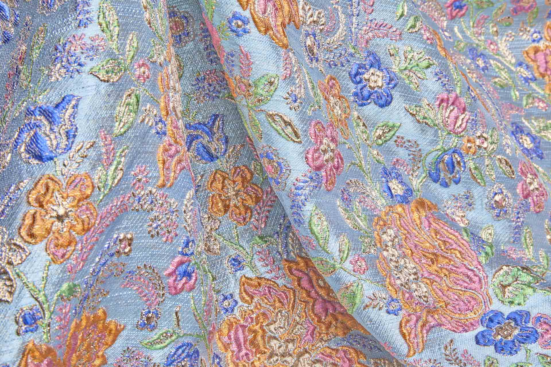 "Summer Garden" Floral Cloqué Brocade - Multi Colour with Gold on Pale Blue fabric, image 6 of 9