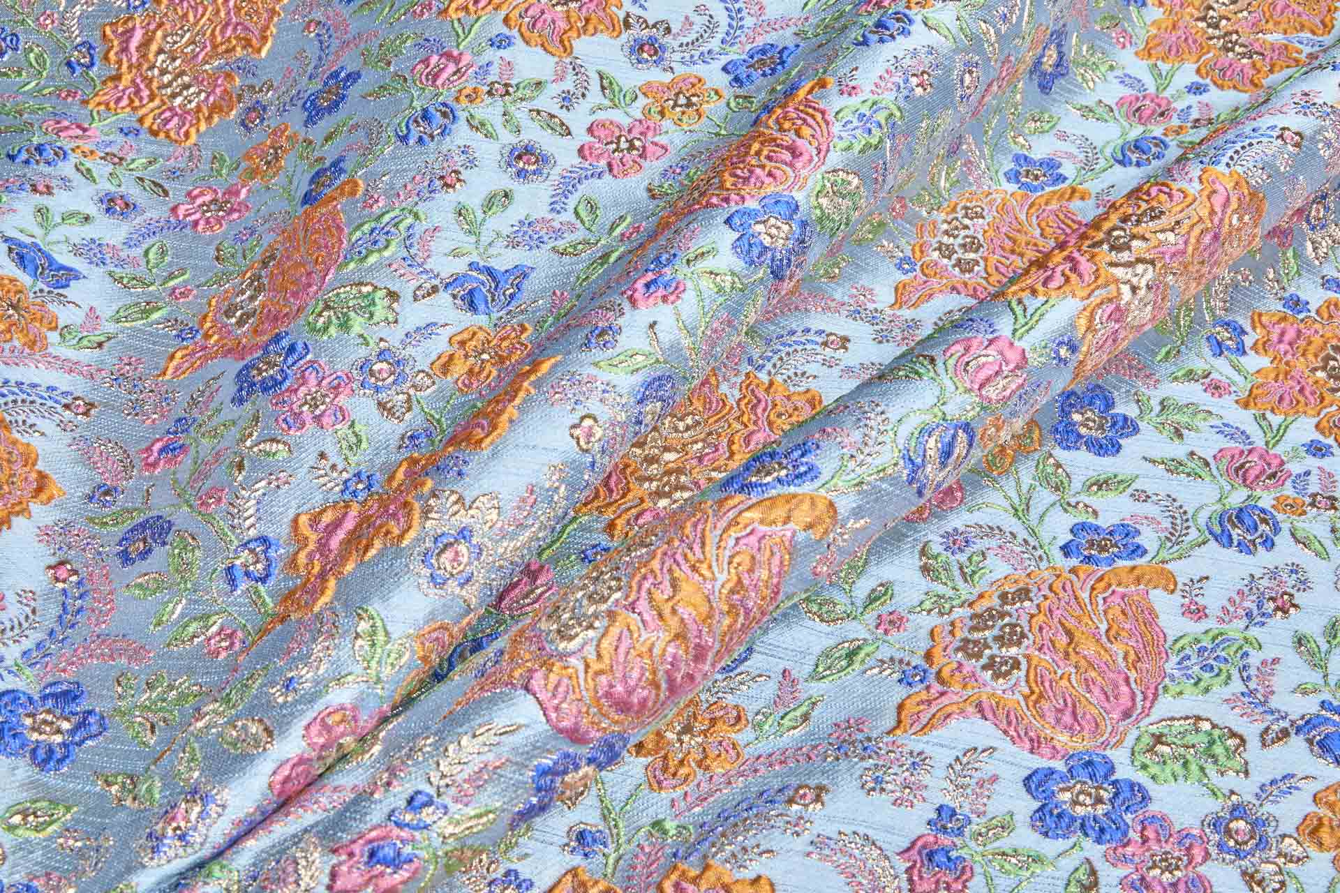 "Summer Garden" Floral Cloqué Brocade - Multi Colour with Gold on Pale Blue fabric, image 7 of 9
