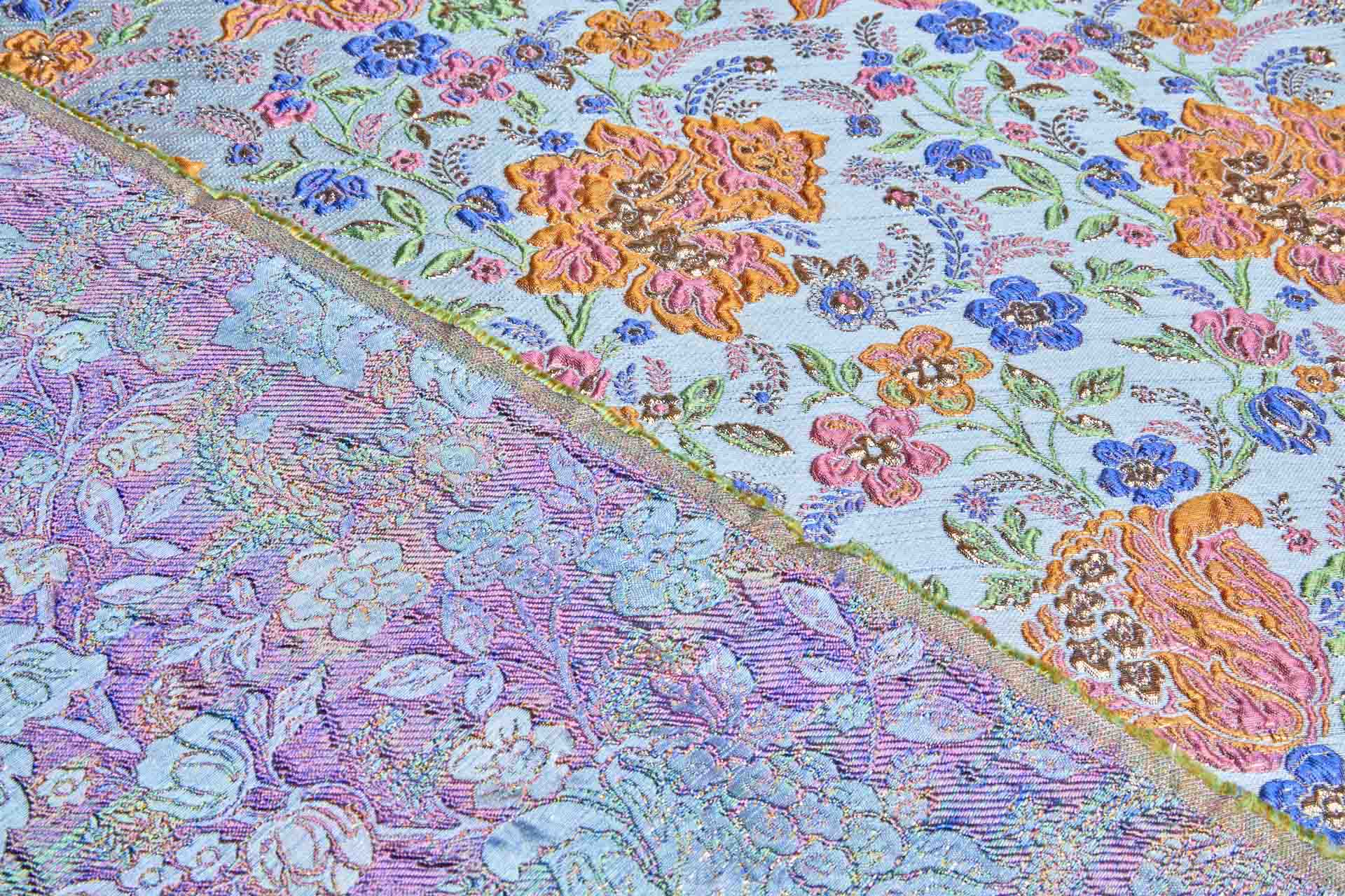 "Summer Garden" Floral Cloqué Brocade - Multi Colour with Gold on Pale Blue fabric, image 8 of 9