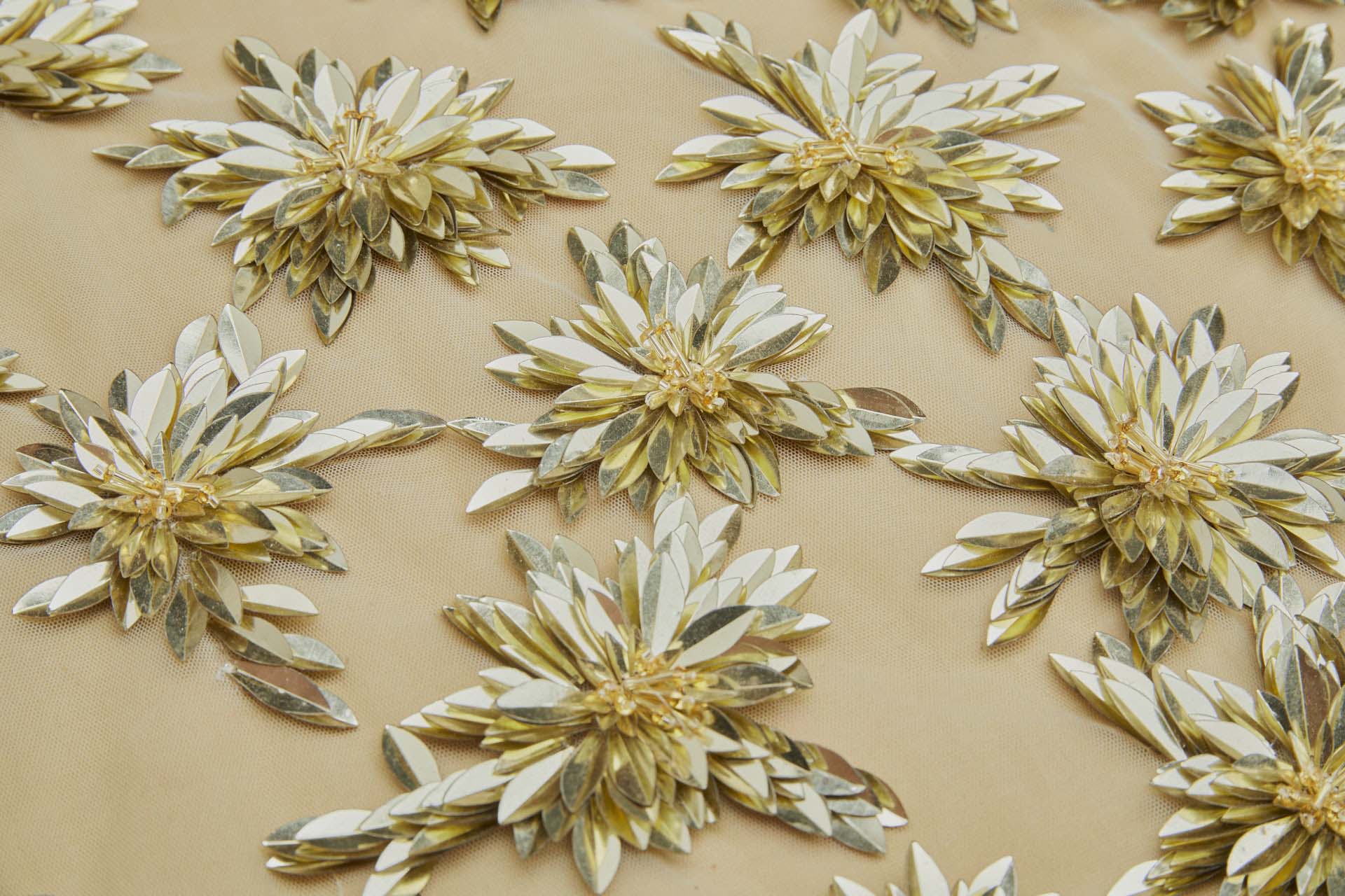 Gold Sequin Flowers on Pale Gold Tulle fabric, image 3 of 8